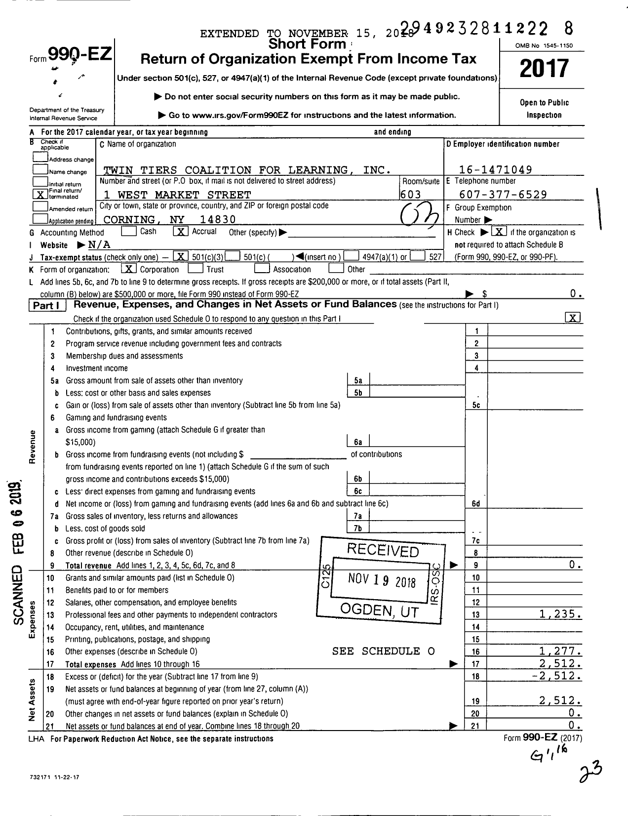 Image of first page of 2017 Form 990EZ for Twin Tiers Coalition for Learning