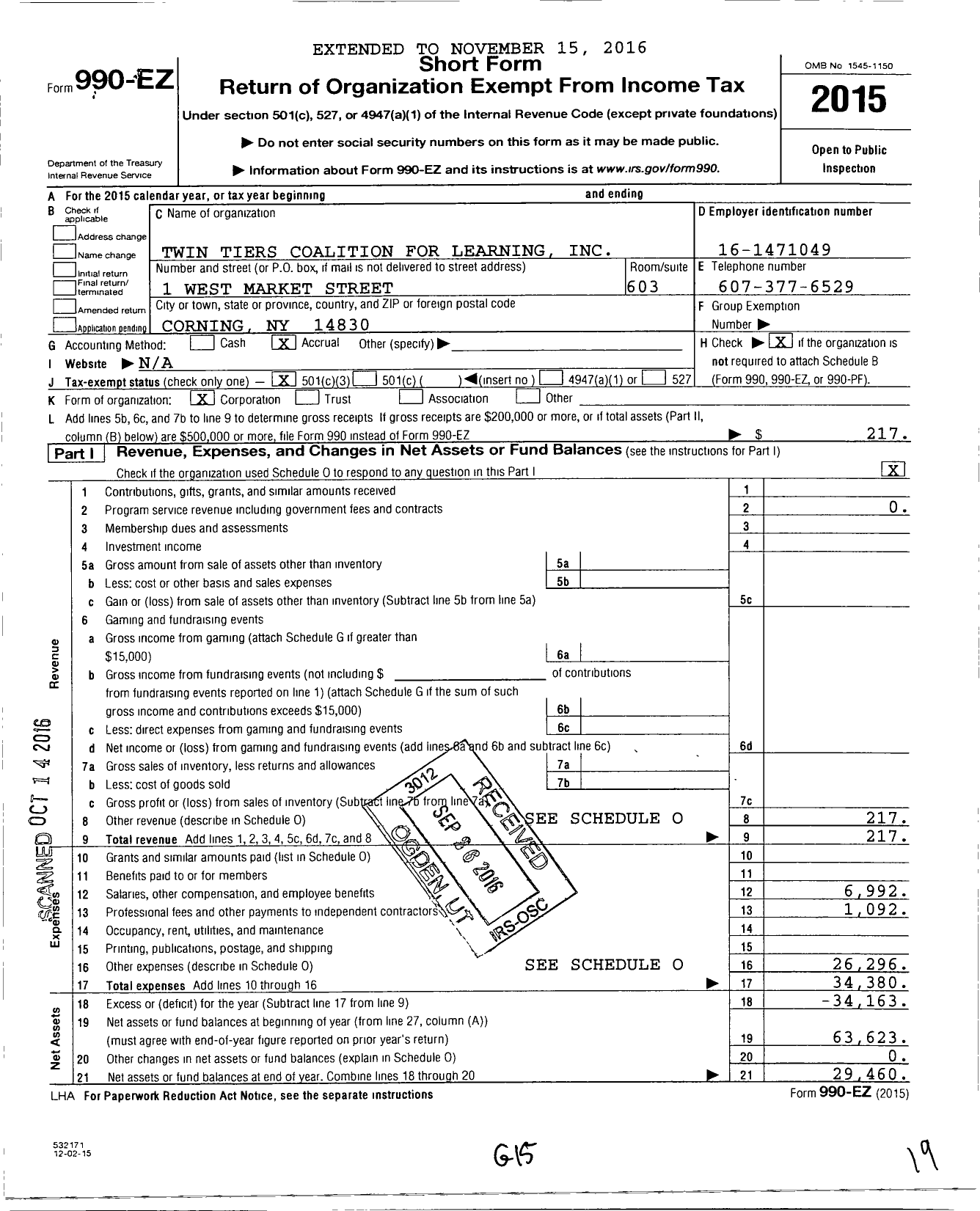 Image of first page of 2015 Form 990EZ for Twin Tiers Coalition for Learning