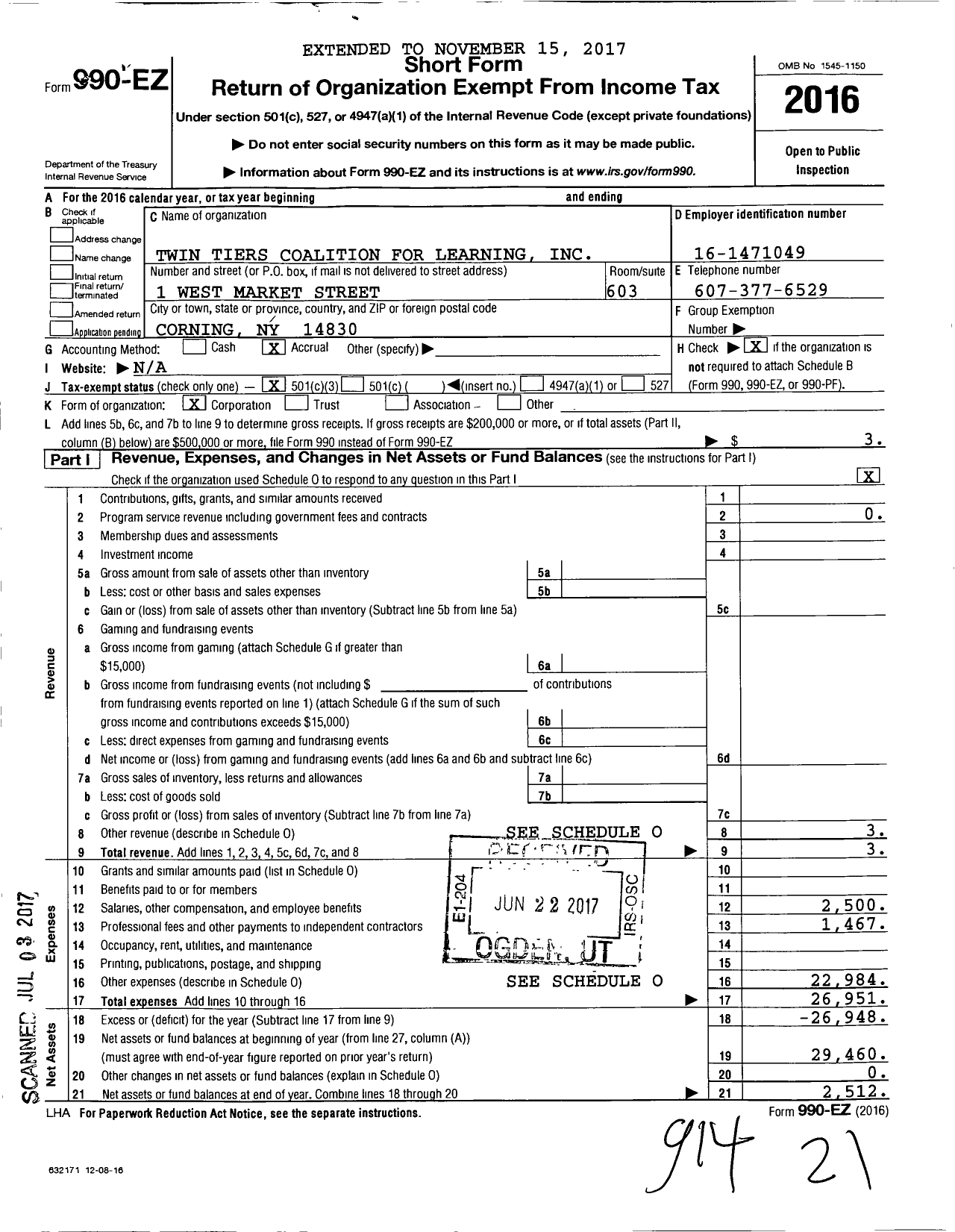 Image of first page of 2016 Form 990EZ for Twin Tiers Coalition for Learning