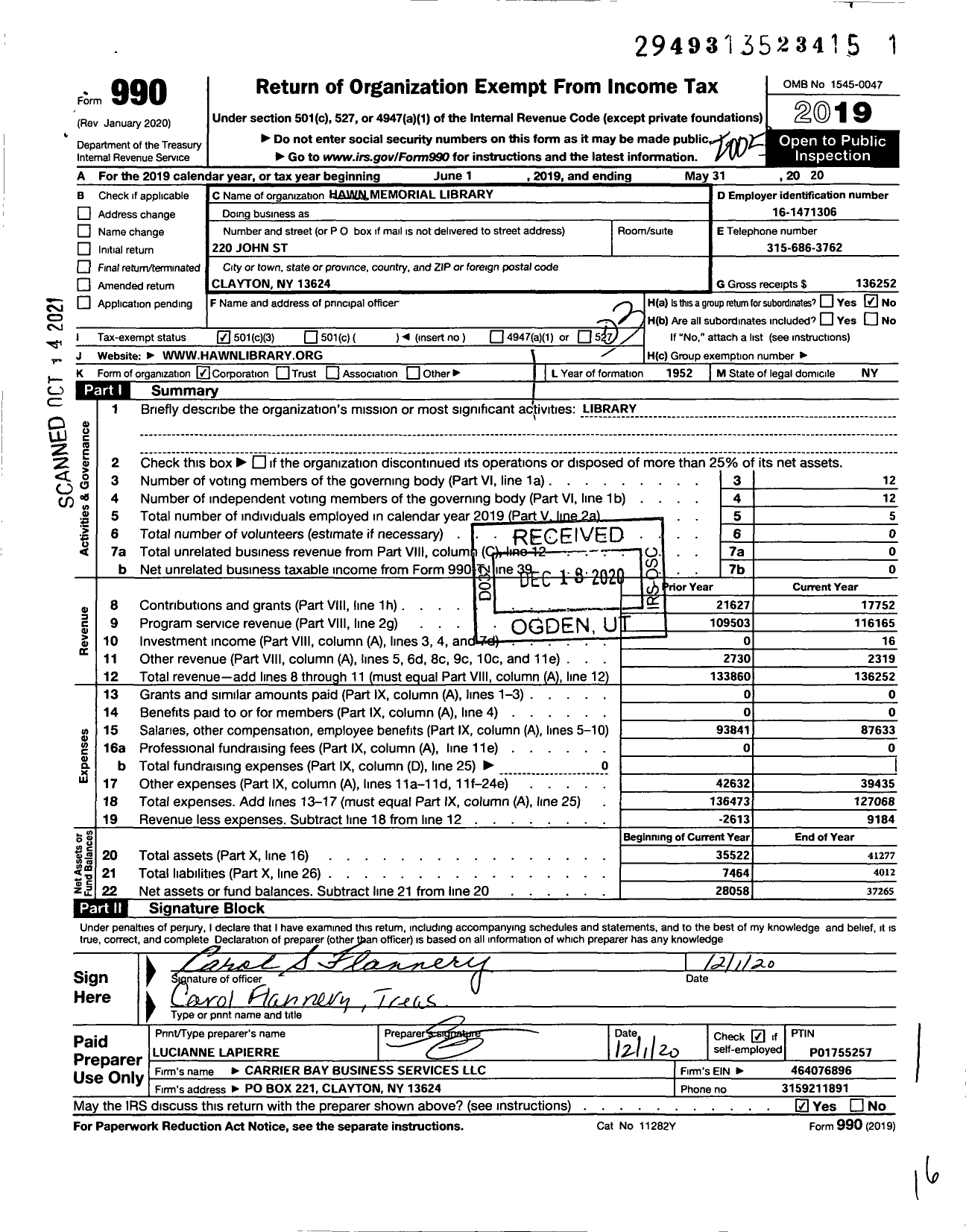 Image of first page of 2019 Form 990 for Hawn Memorial Library