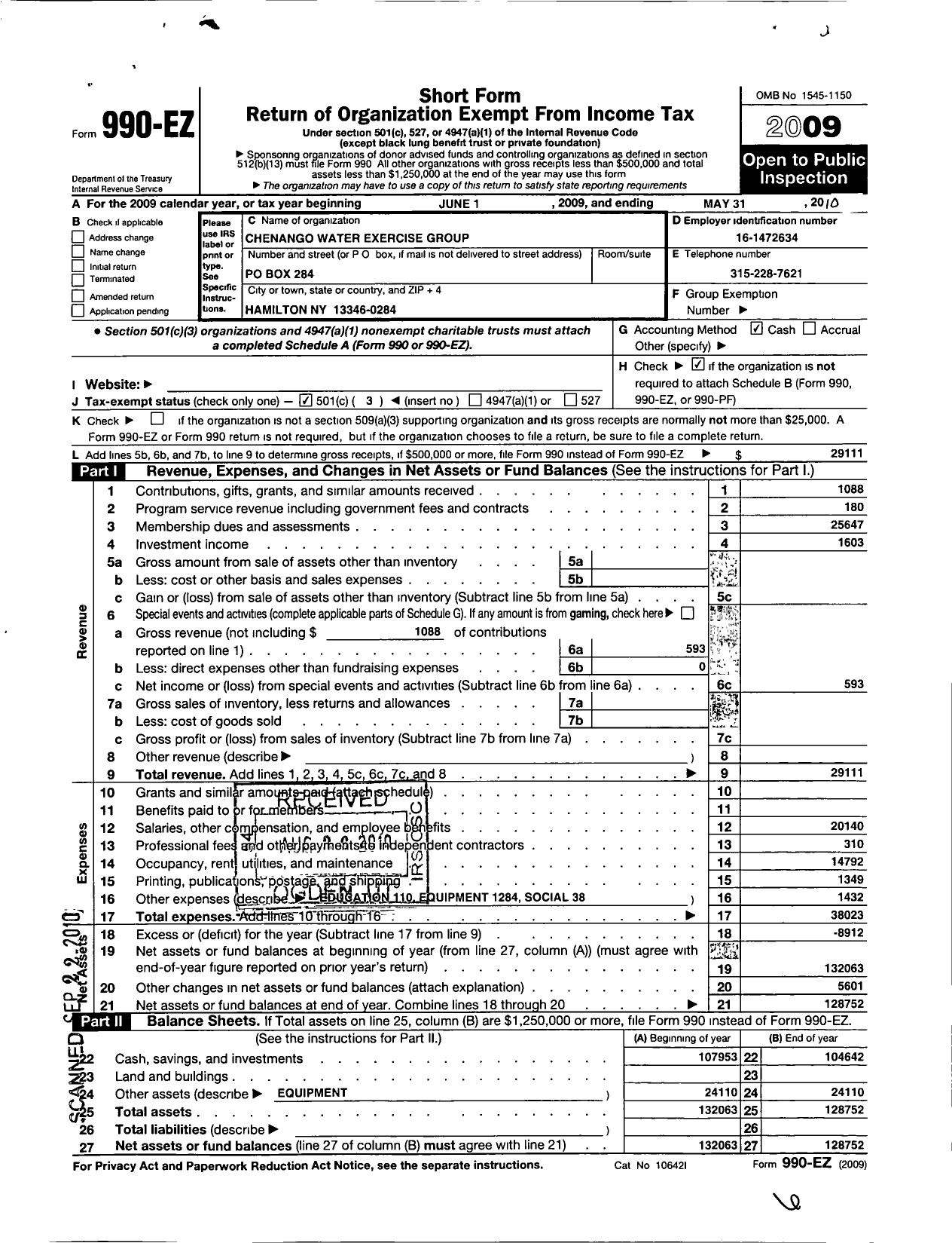 Image of first page of 2009 Form 990EZ for Chenango Water Exercise Group
