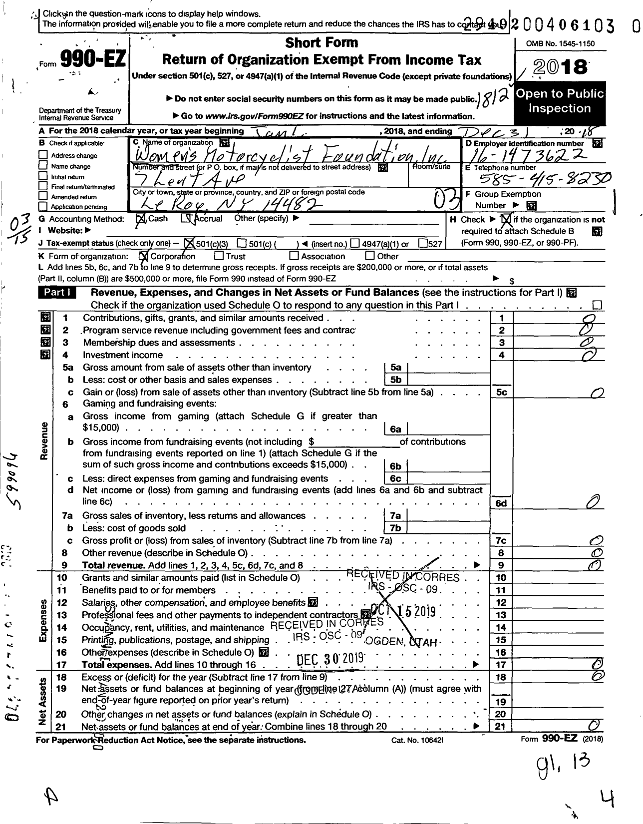 Image of first page of 2018 Form 990EZ for Womens Motorcyclist Foundation