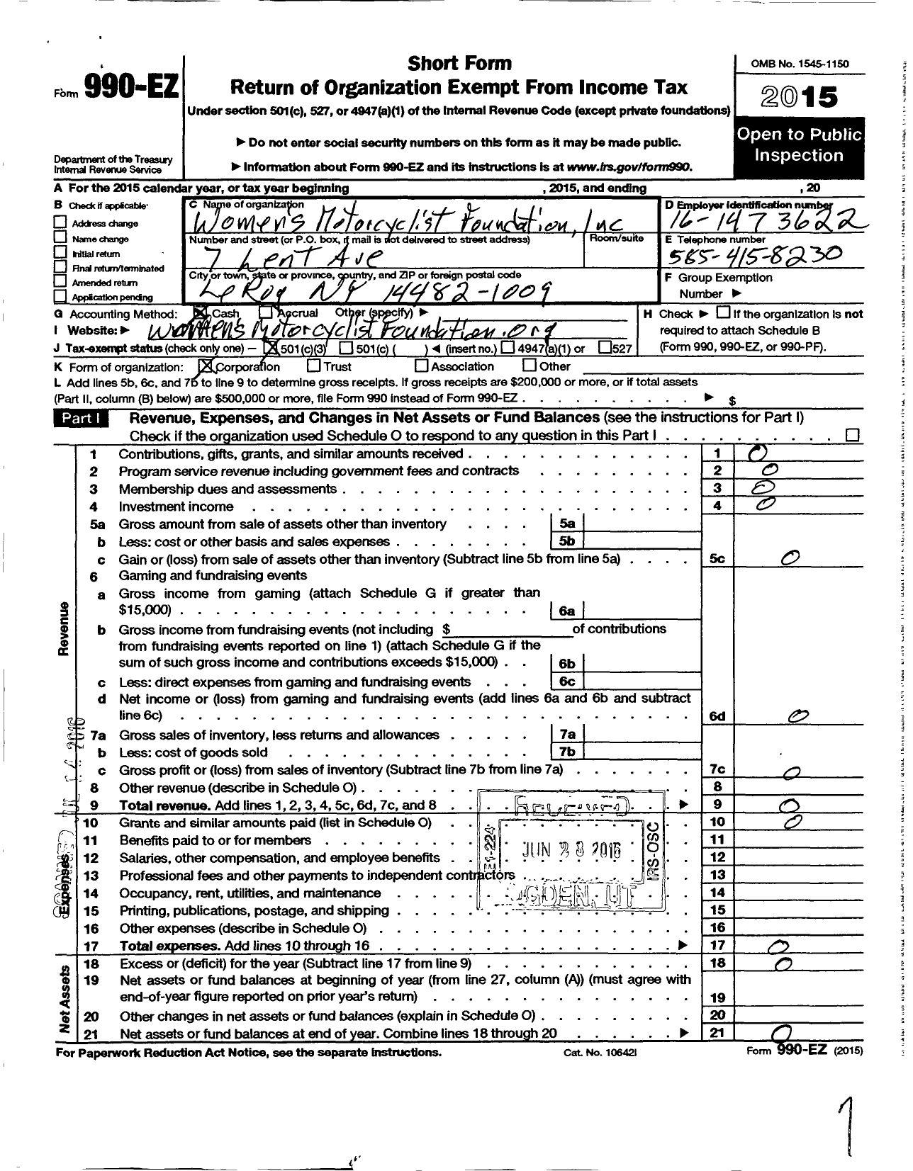 Image of first page of 2015 Form 990EZ for Womens Motorcyclist Foundation