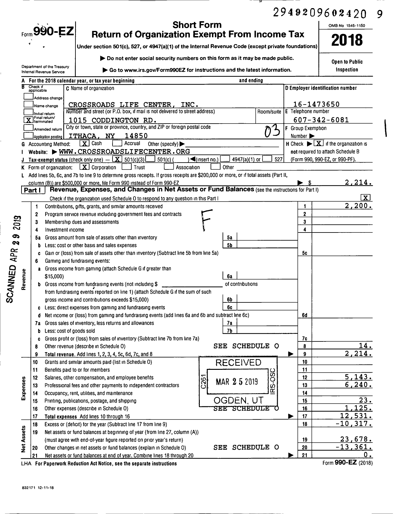 Image of first page of 2018 Form 990EZ for Crossroads Life Center