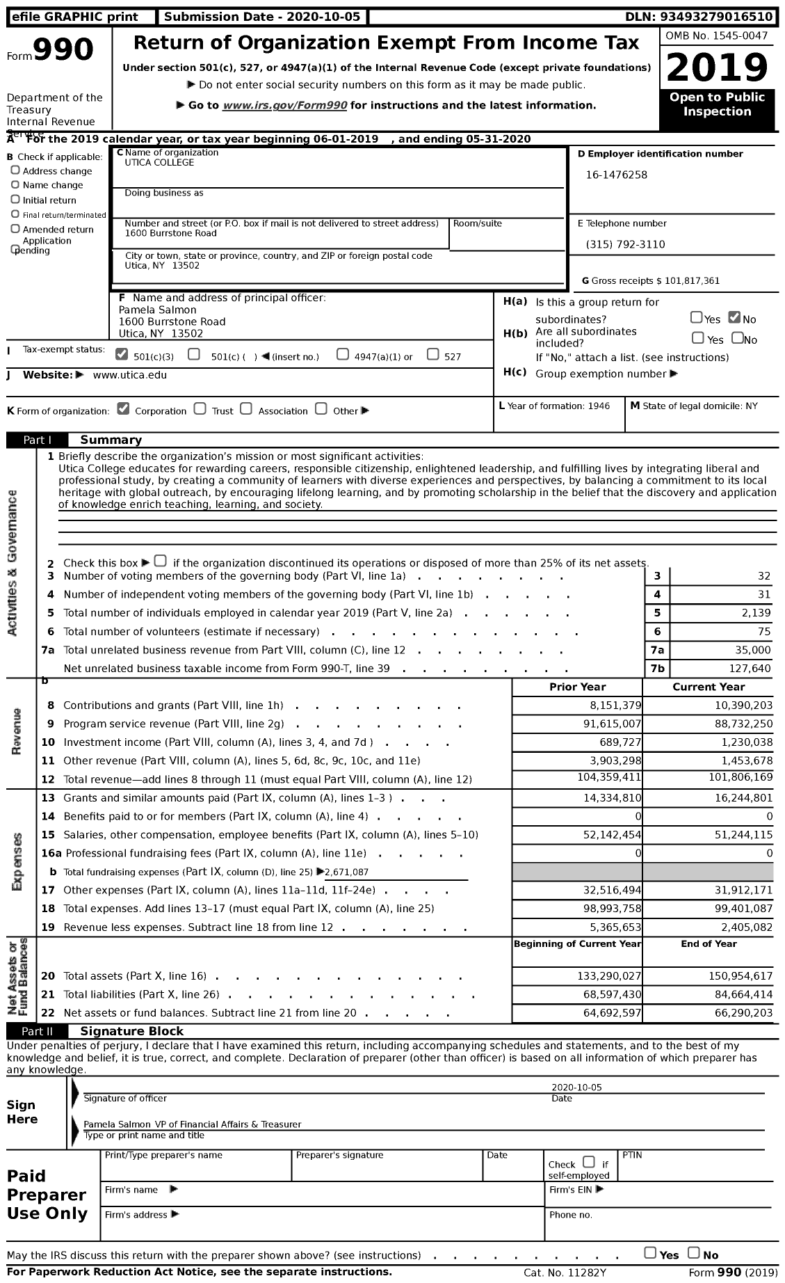 Image of first page of 2019 Form 990 for Utica University (UC)
