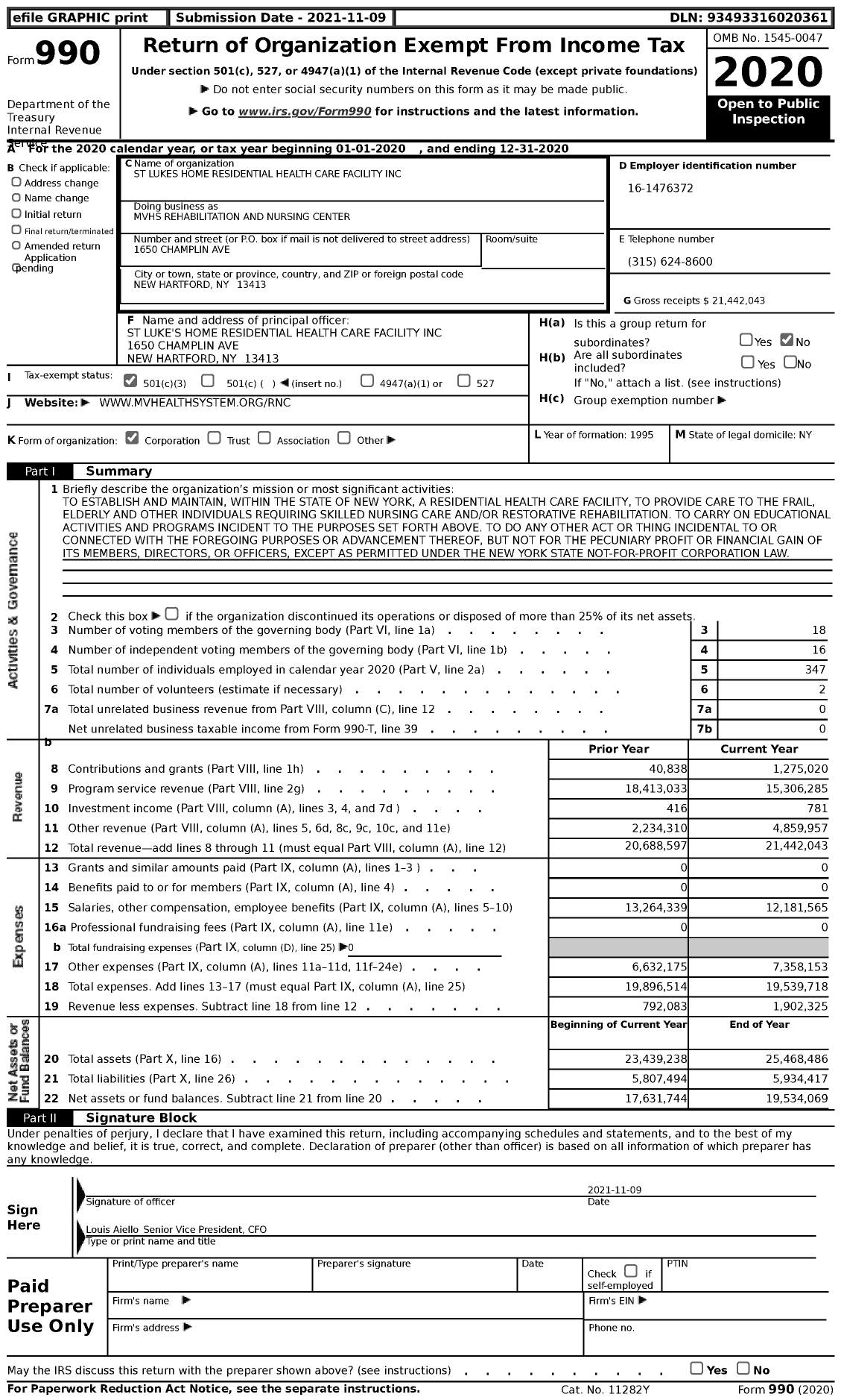Image of first page of 2020 Form 990 for MVHS Rehabilitation and Nursing Center