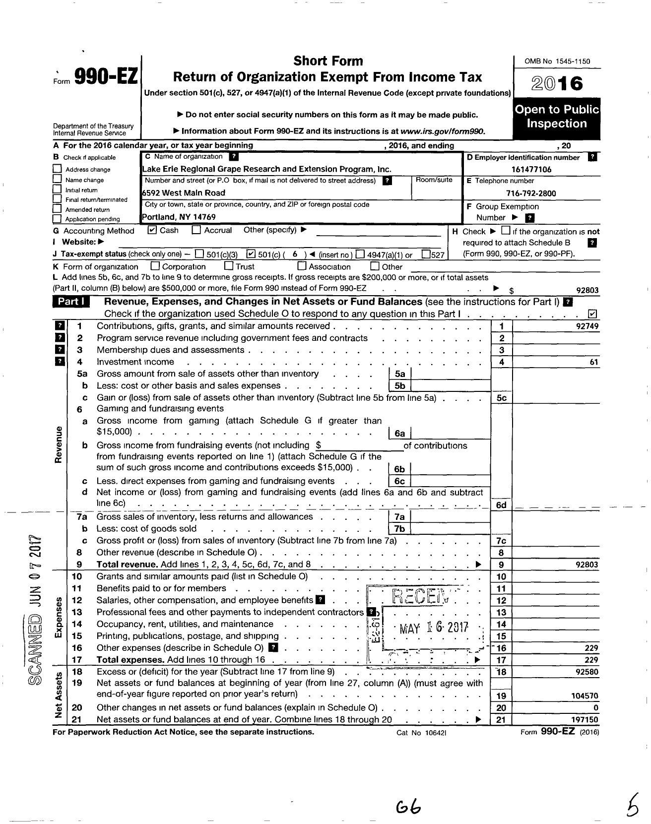 Image of first page of 2016 Form 990EO for Lake Erie Regional Grape Research and Extenion Program