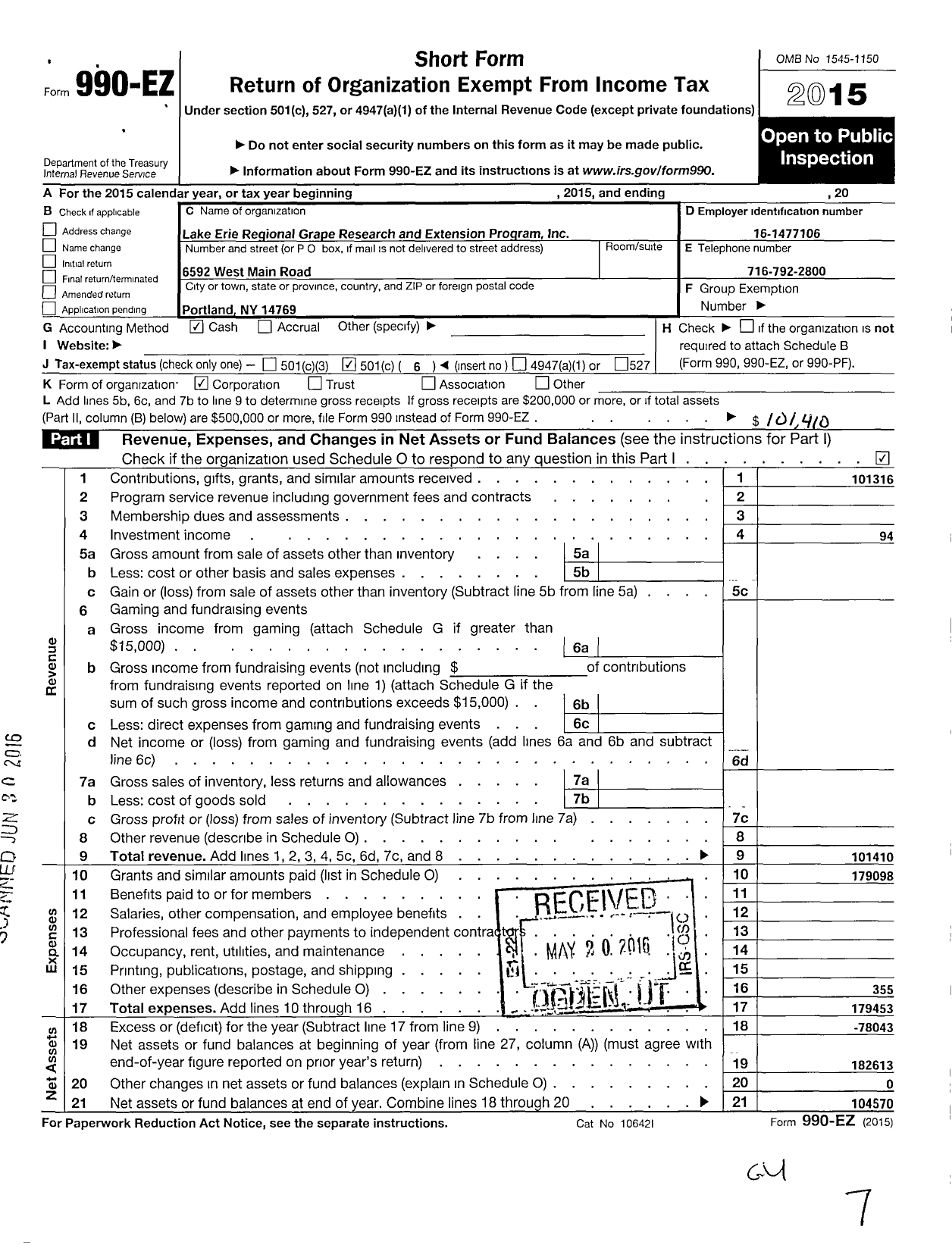 Image of first page of 2015 Form 990EO for Lake Erie Regional Grape Research and Extenion Program