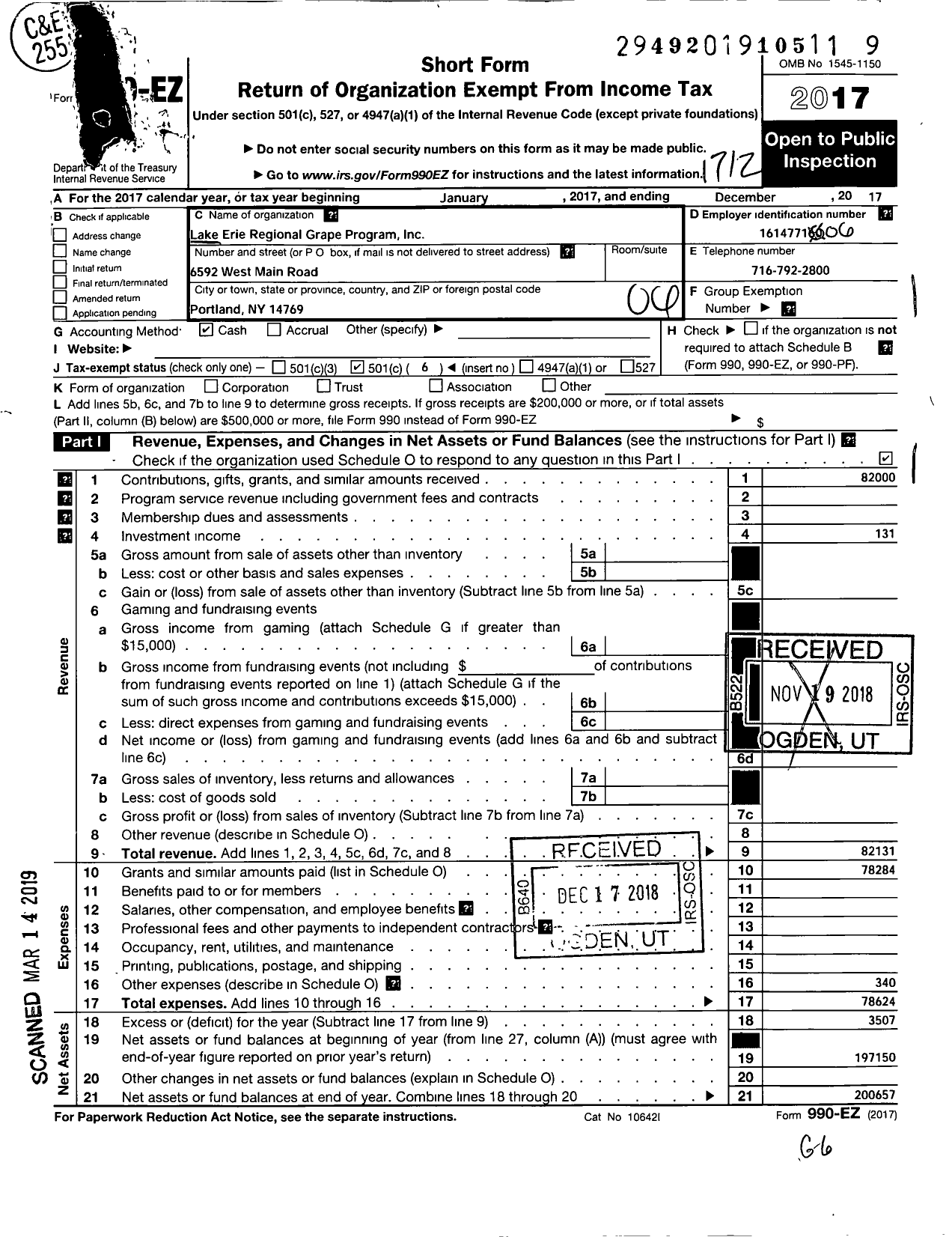 Image of first page of 2017 Form 990EO for Lake Erie Regional Grape Research and Extenion Program