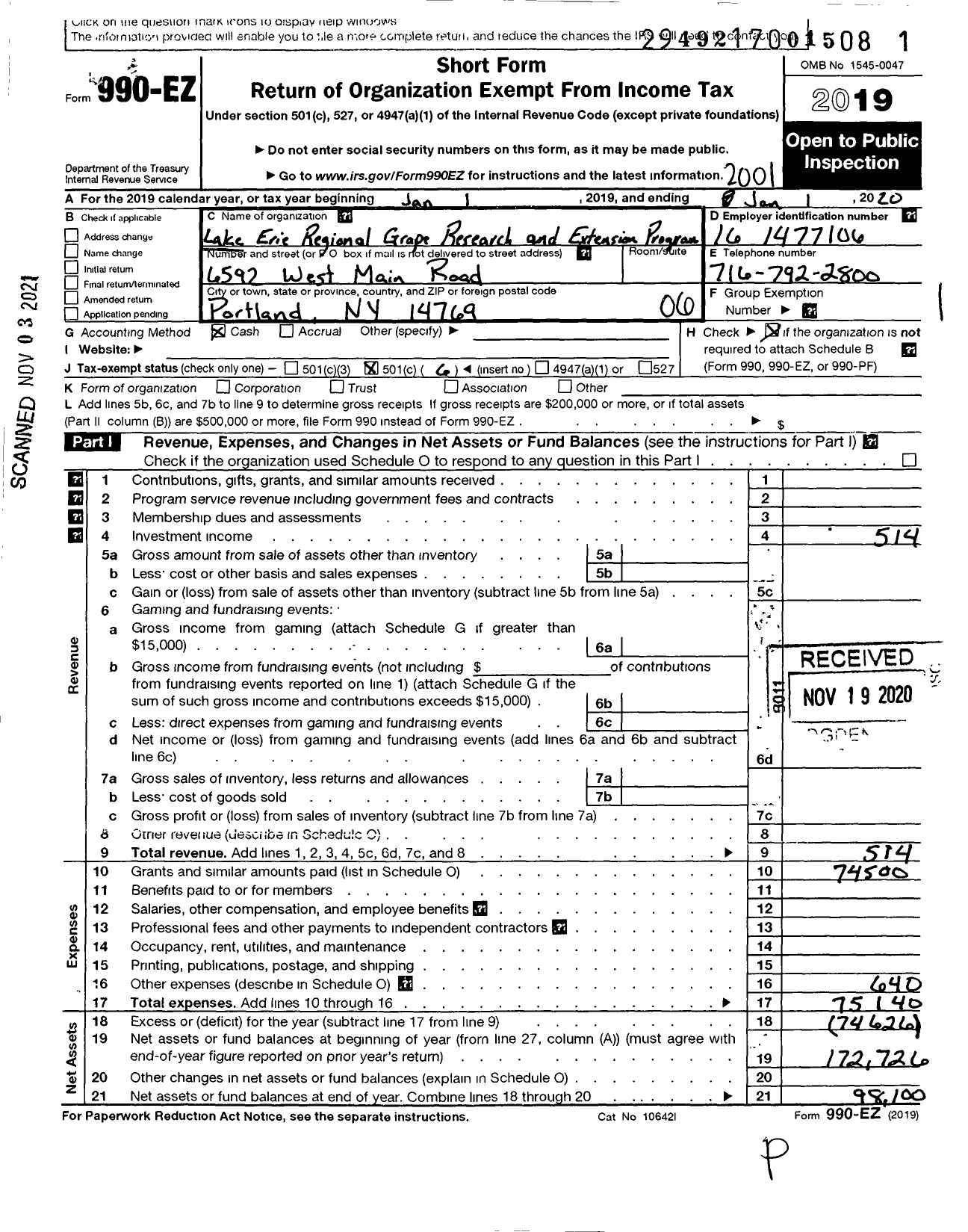 Image of first page of 2019 Form 990EO for Lake Erie Regional Grape Research and Extenion Program