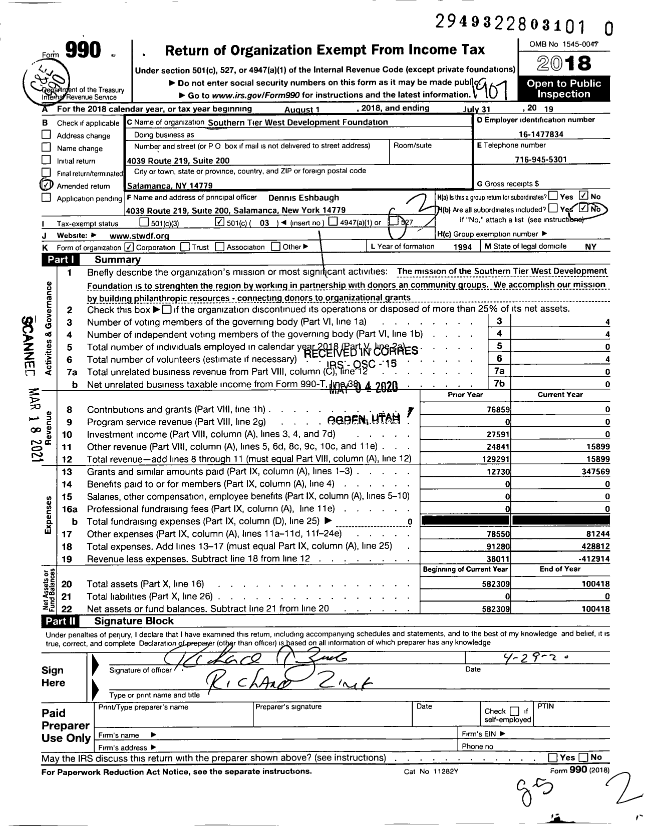 Image of first page of 2018 Form 990 for Southern Tier West Development Foundation