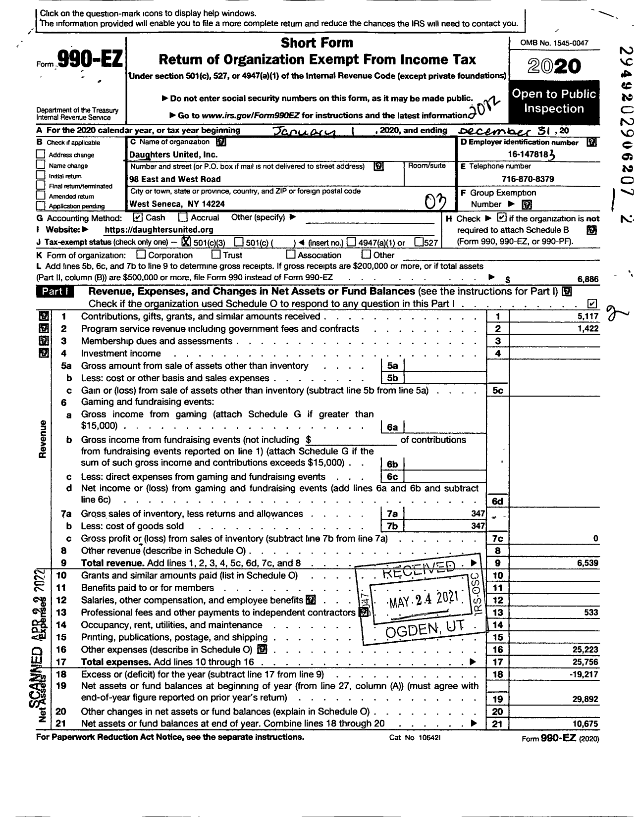 Image of first page of 2020 Form 990EZ for Daughters United