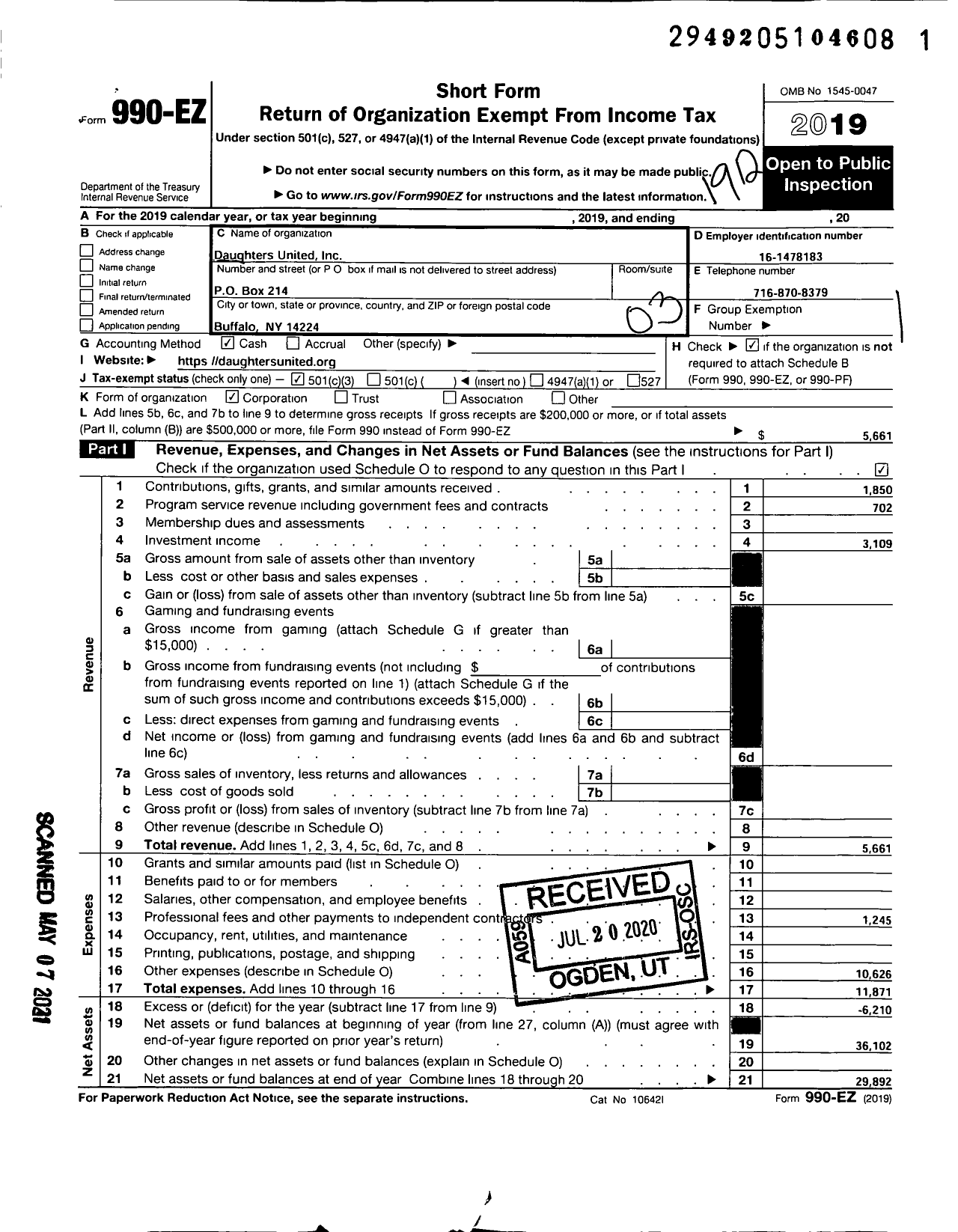 Image of first page of 2019 Form 990EZ for Daughters United