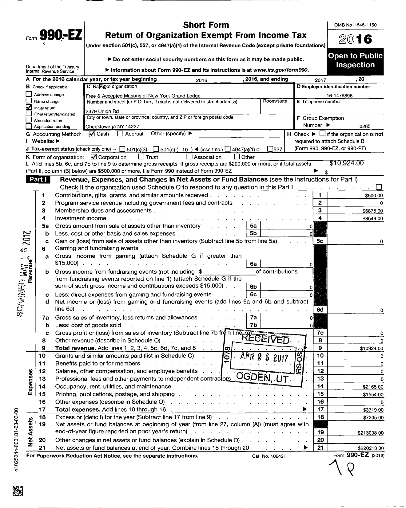 Image of first page of 2017 Form 990EO for Fellowship Lodge No 1175 F and A M