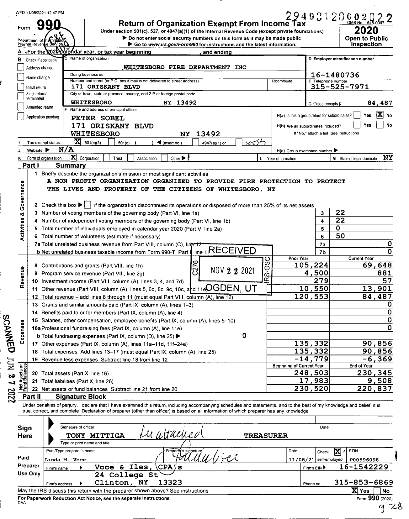 Image of first page of 2020 Form 990 for Whitesboro Fire Department