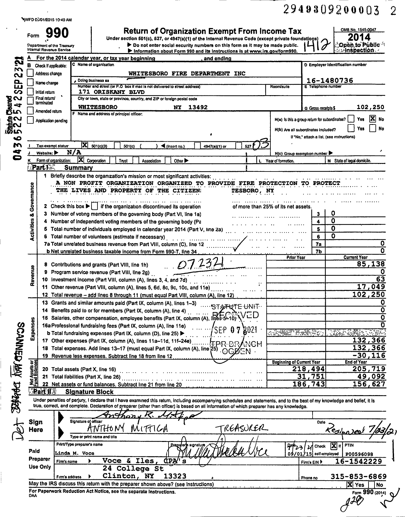 Image of first page of 2014 Form 990 for Whitesboro Fire Department