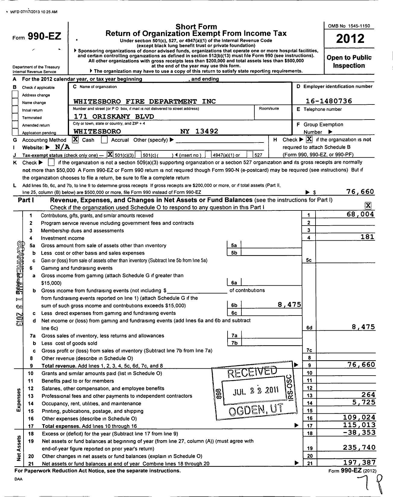 Image of first page of 2012 Form 990EZ for Whitesboro Fire Department