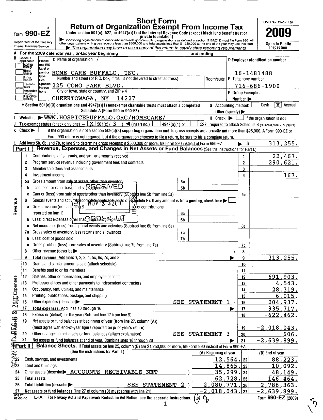 Image of first page of 2009 Form 990EZ for Home Care Buffalo