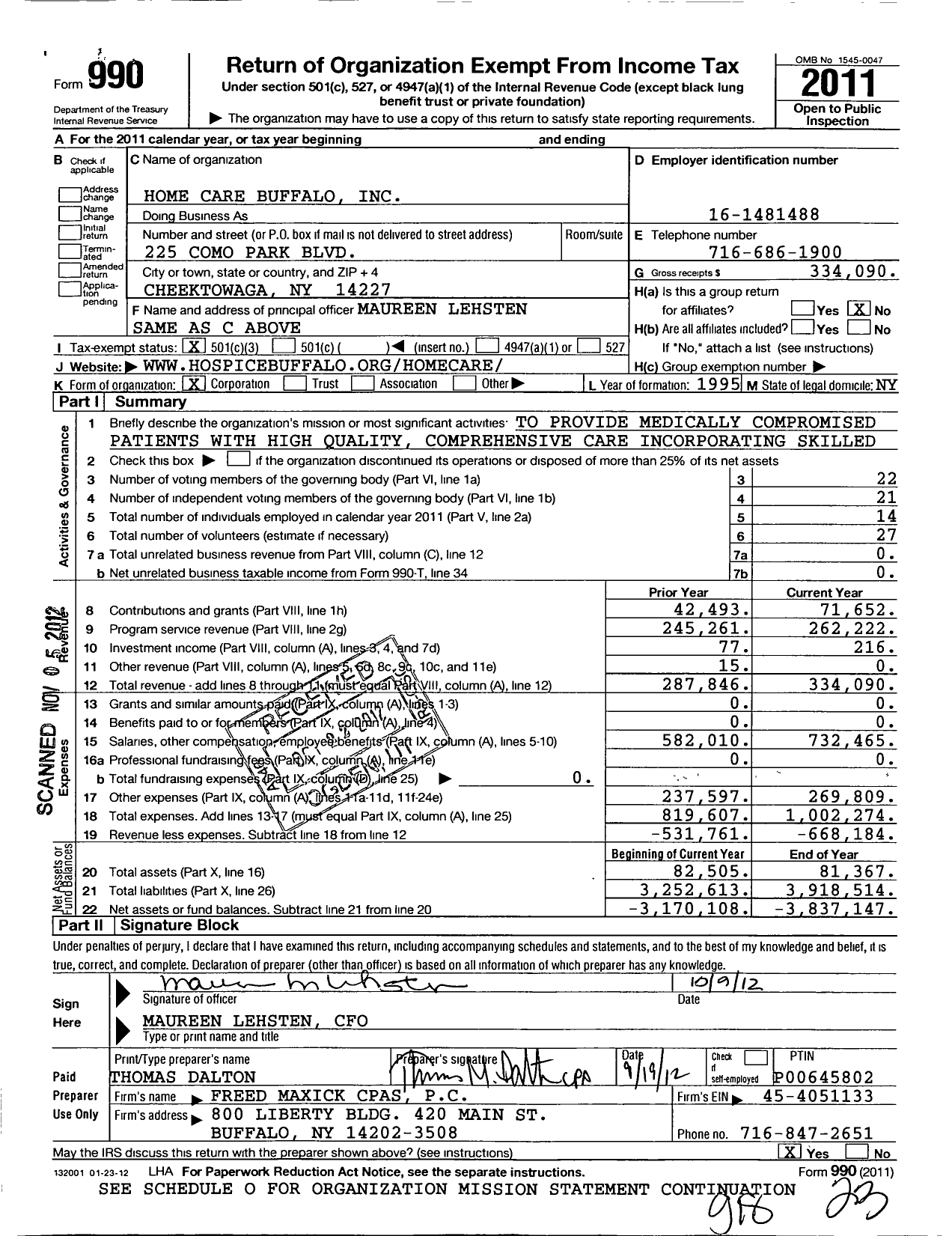 Image of first page of 2011 Form 990 for Home Care Buffalo