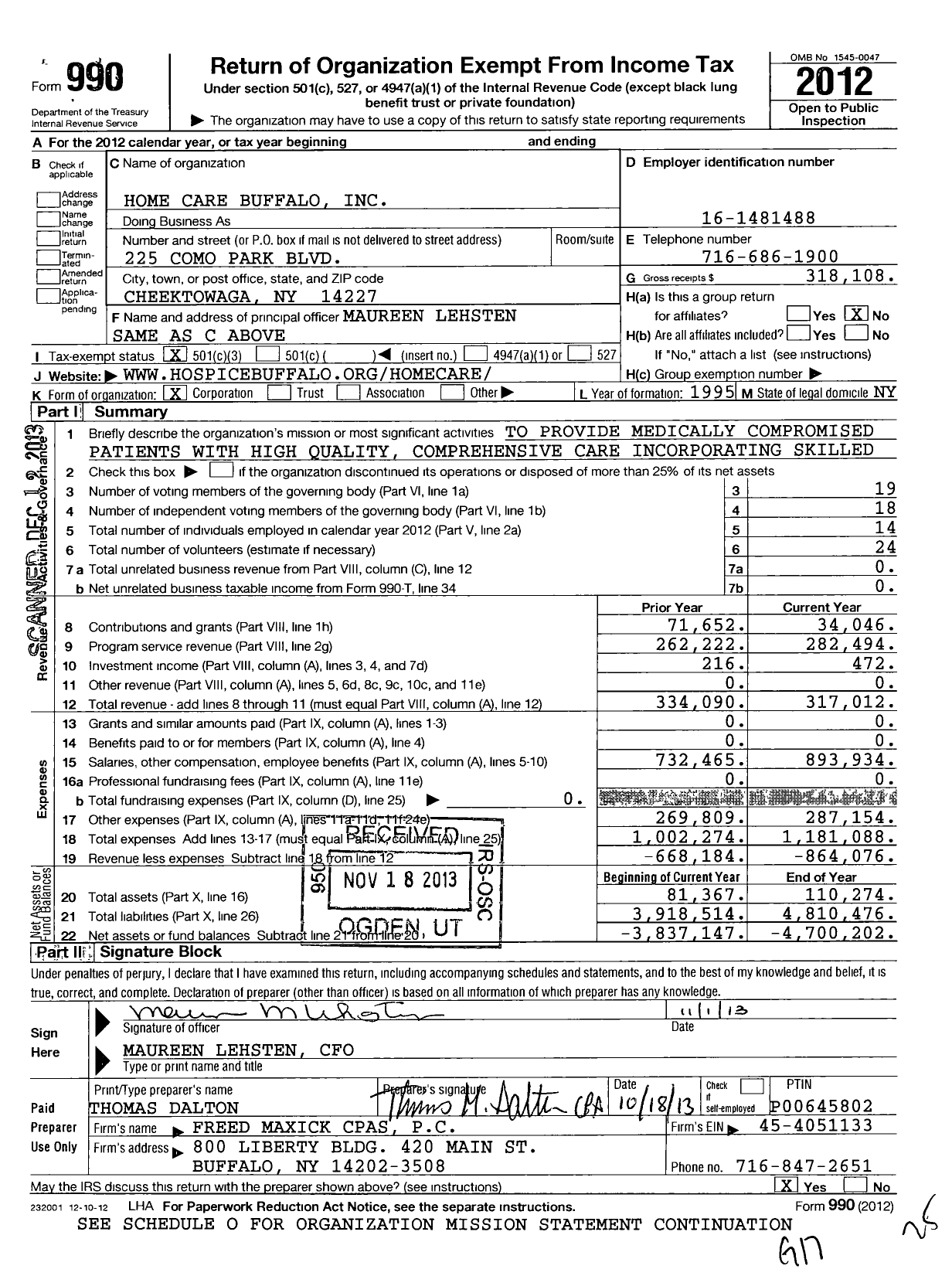 Image of first page of 2012 Form 990 for Home Care Buffalo