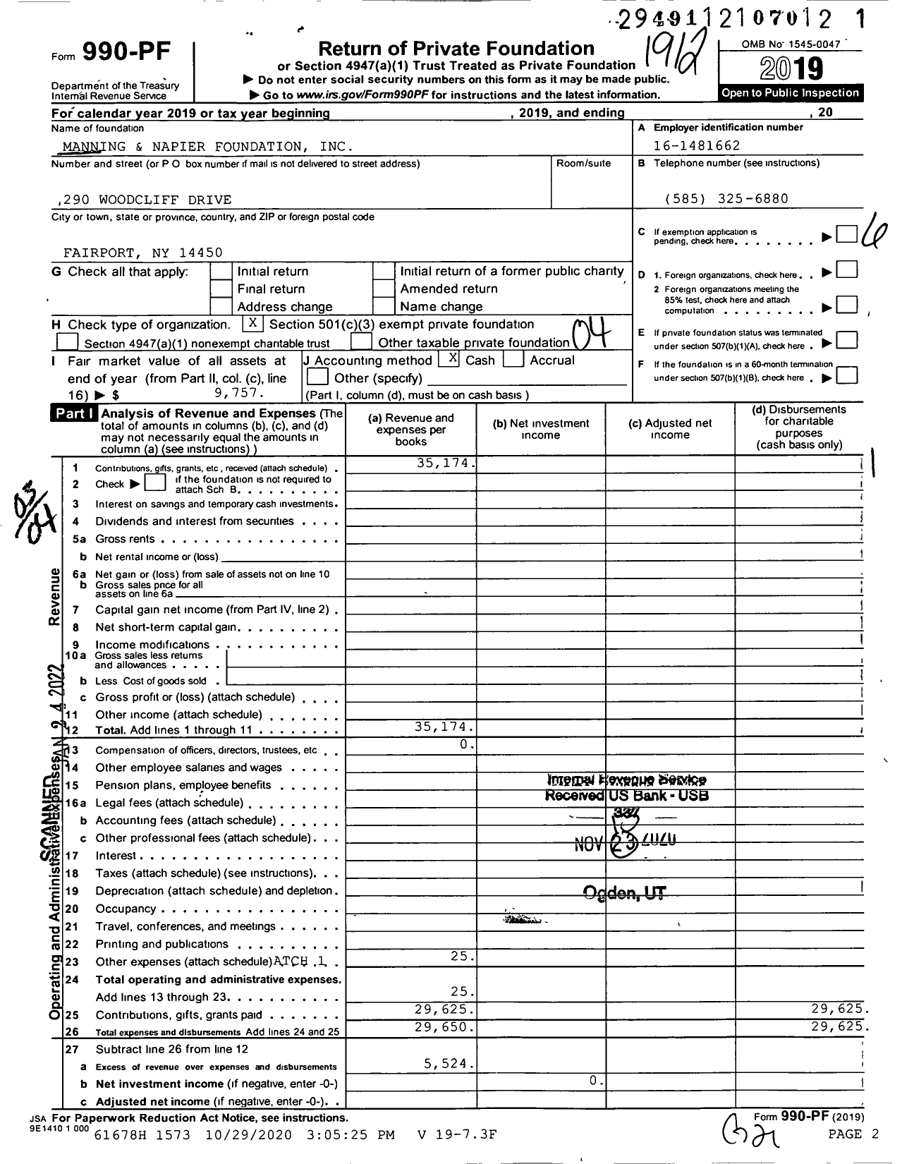 Image of first page of 2019 Form 990PF for Manning and Napier Foundation