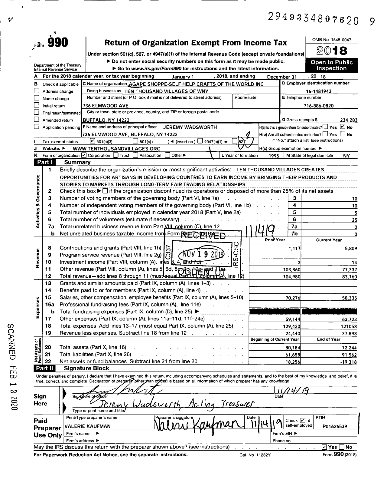 Image of first page of 2018 Form 990 for Ten Thousand Villages of WNY