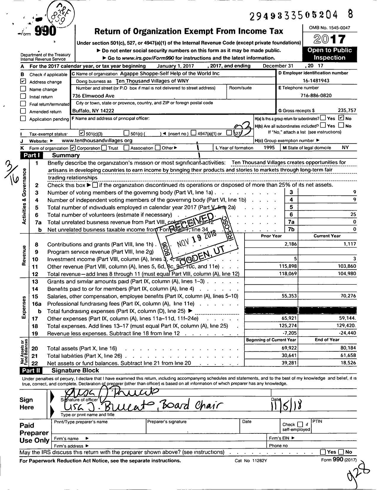 Image of first page of 2017 Form 990 for Ten Thousand Villages of WNY