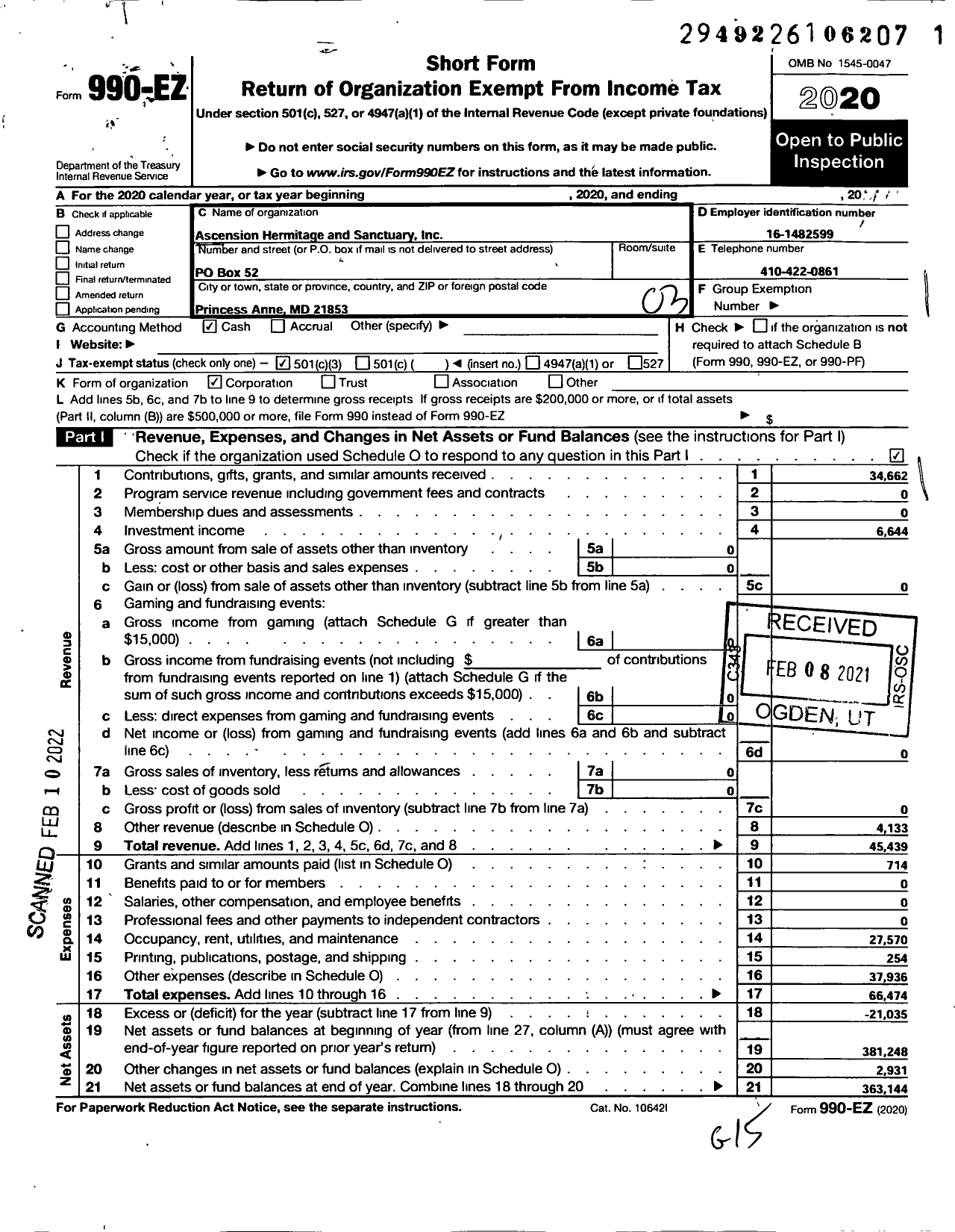 Image of first page of 2020 Form 990EZ for Ascension Hermitage and Sanctuary