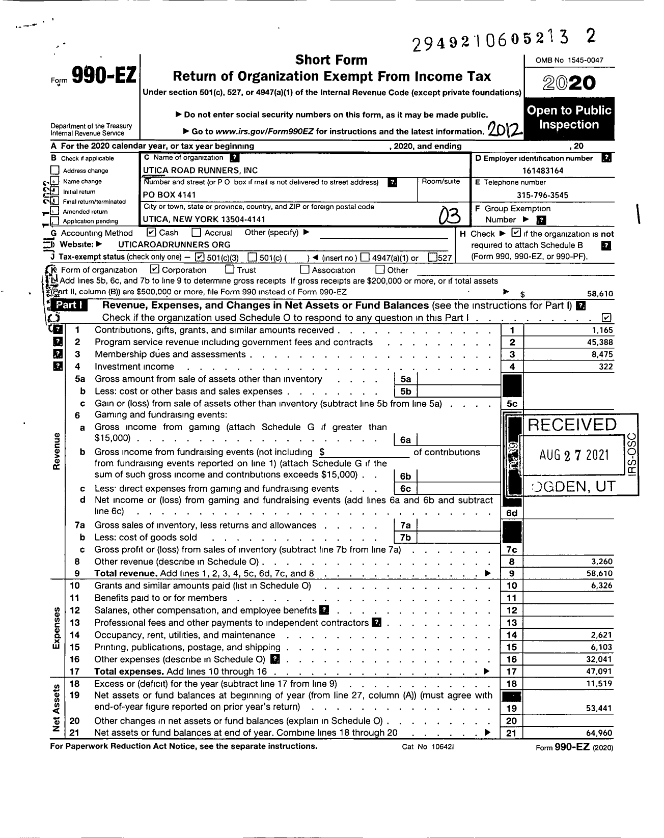 Image of first page of 2020 Form 990EZ for Utica Roadrunners