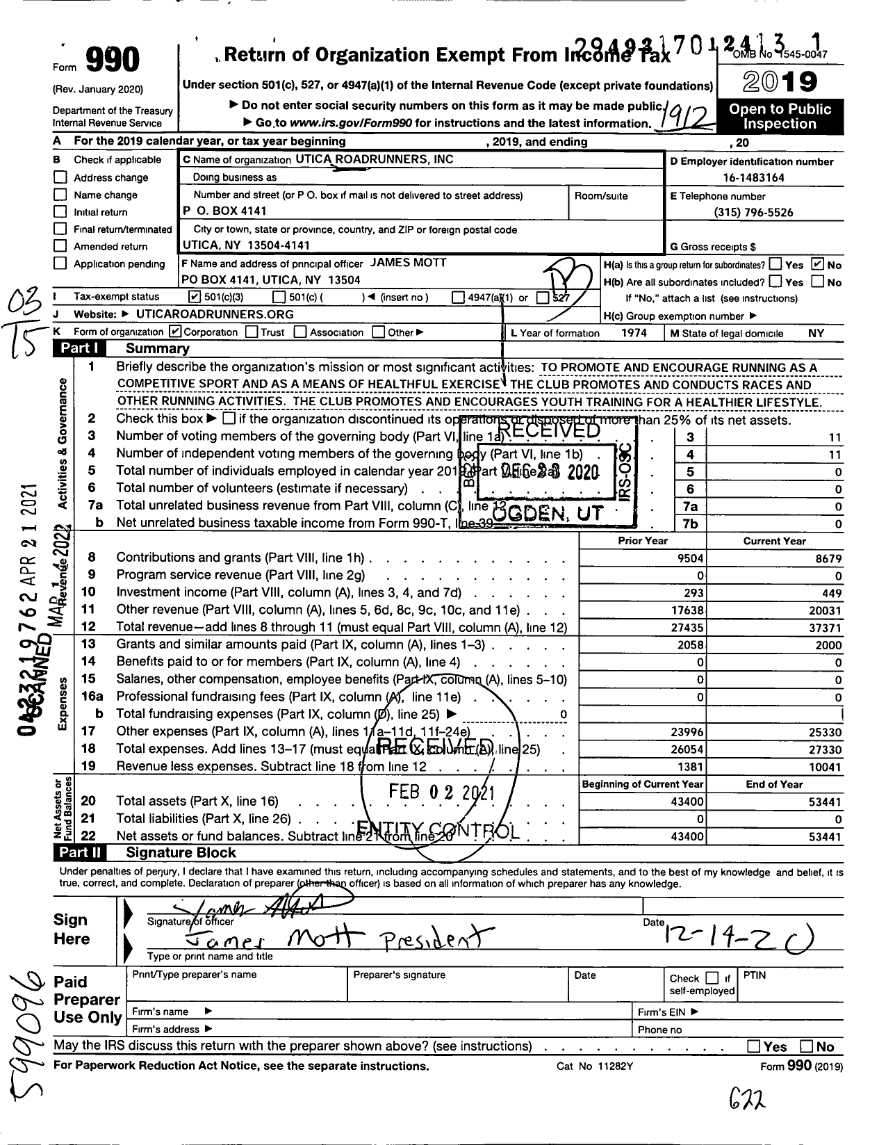 Image of first page of 2019 Form 990 for Utica Roadrunners