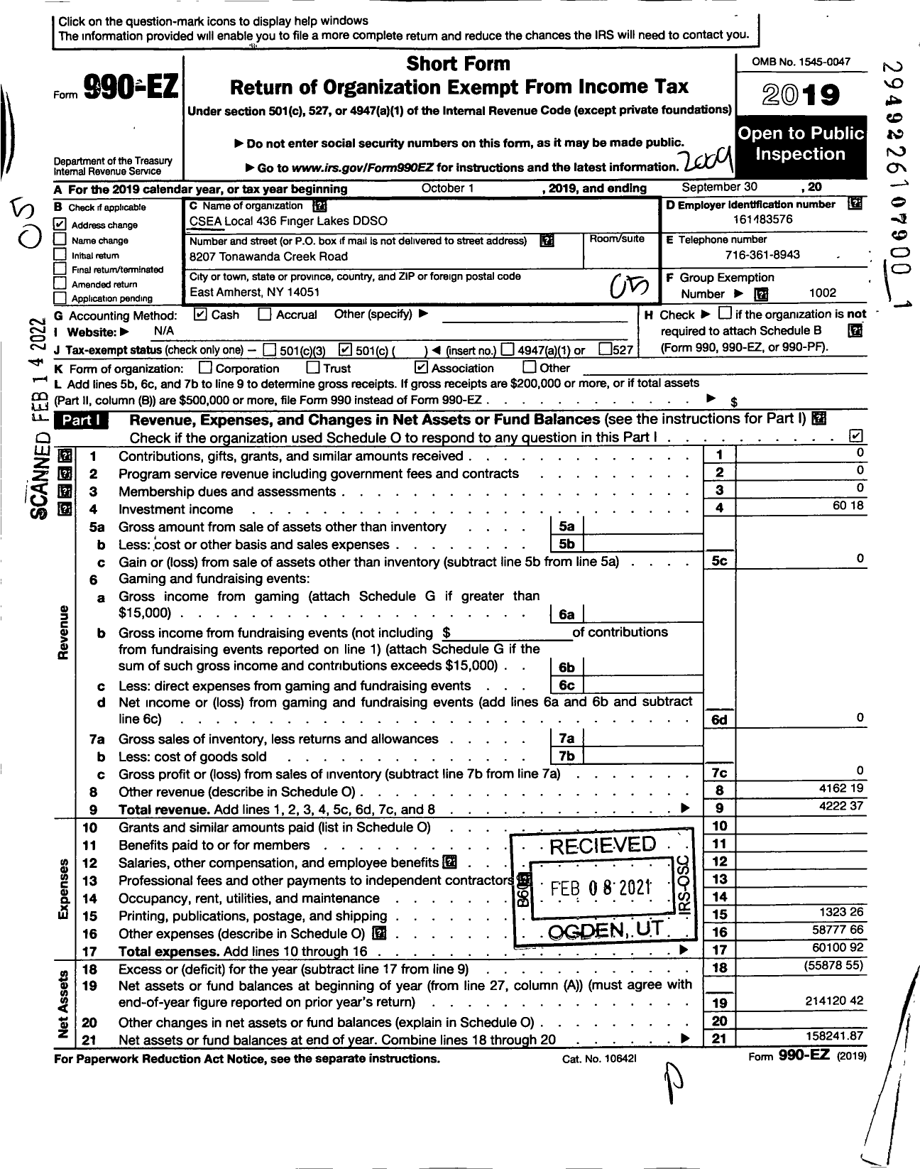 Image of first page of 2019 Form 990EO for Civil Service Employees Association - Csea Local 436 Finger Lakes Ddso