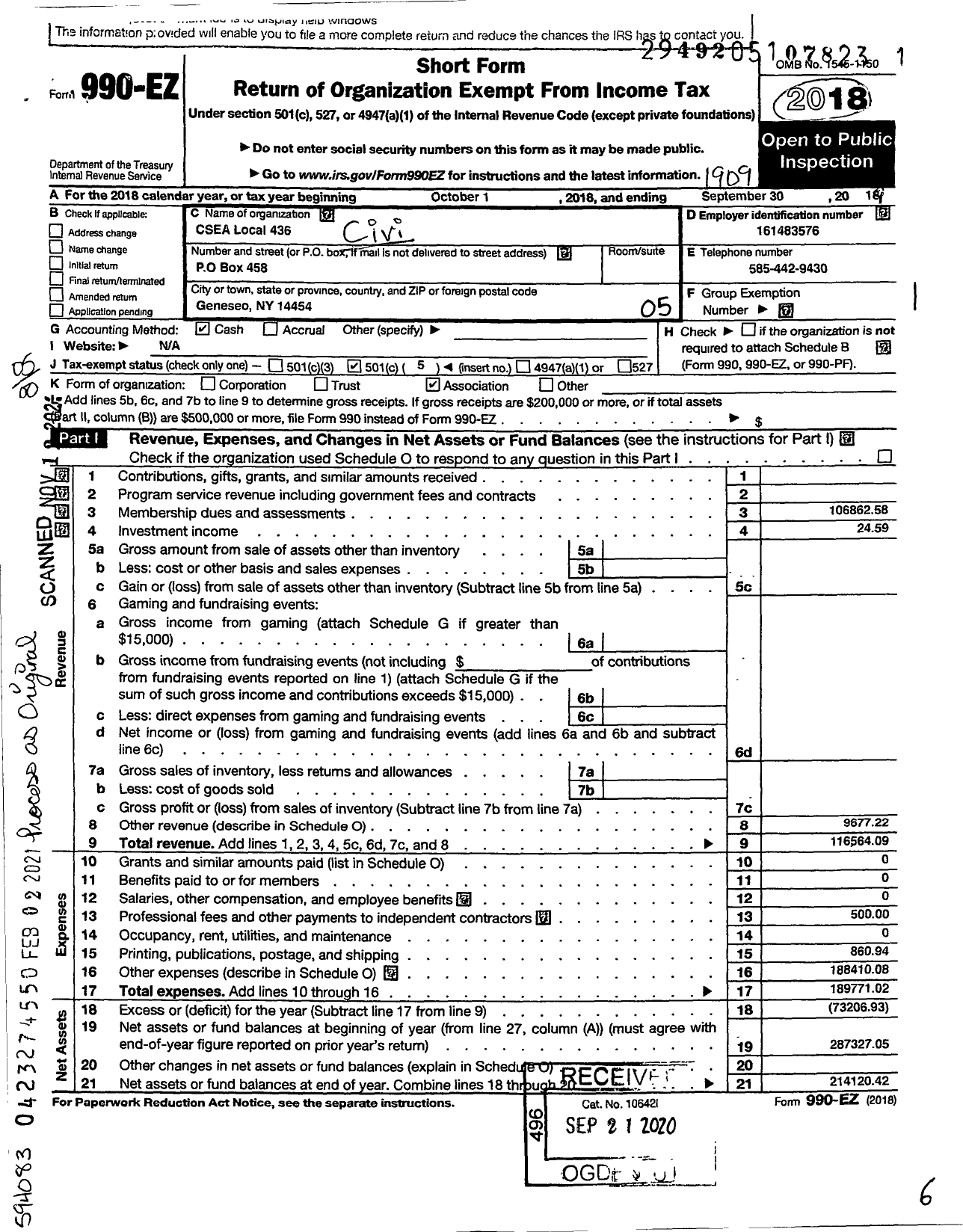 Image of first page of 2018 Form 990EO for Civil Service Employees Association - Csea Local 436 Finger Lakes Ddso