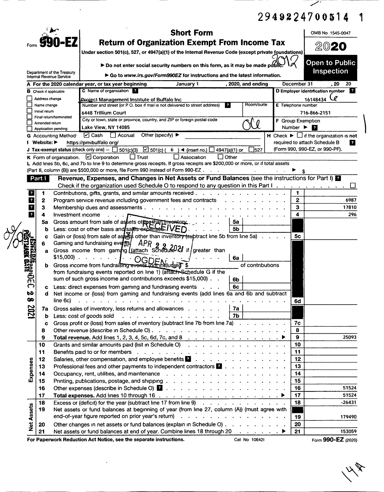 Image of first page of 2020 Form 990EO for Project Management Institute of Buffalo