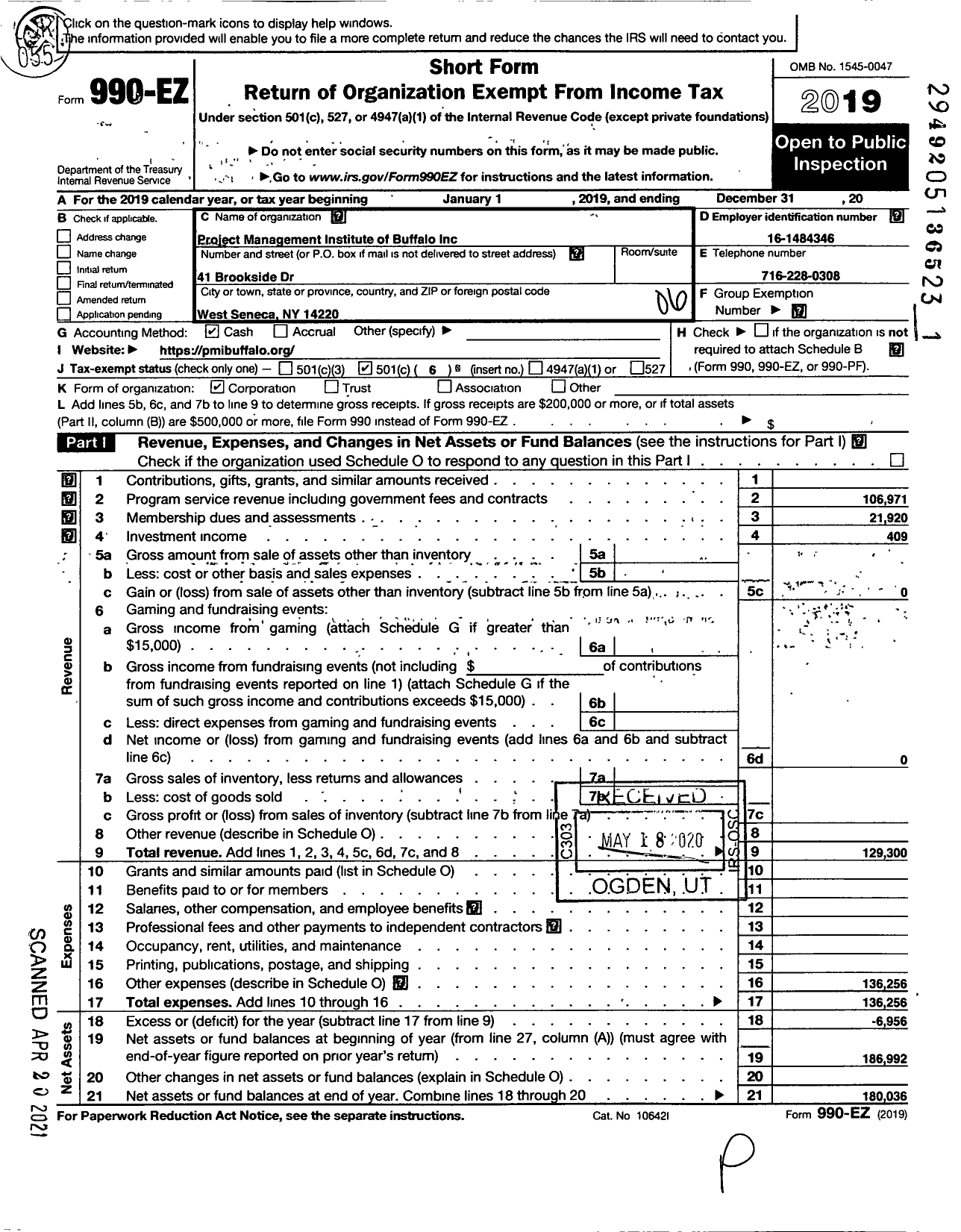 Image of first page of 2019 Form 990EO for Project Management Institute of Buffalo