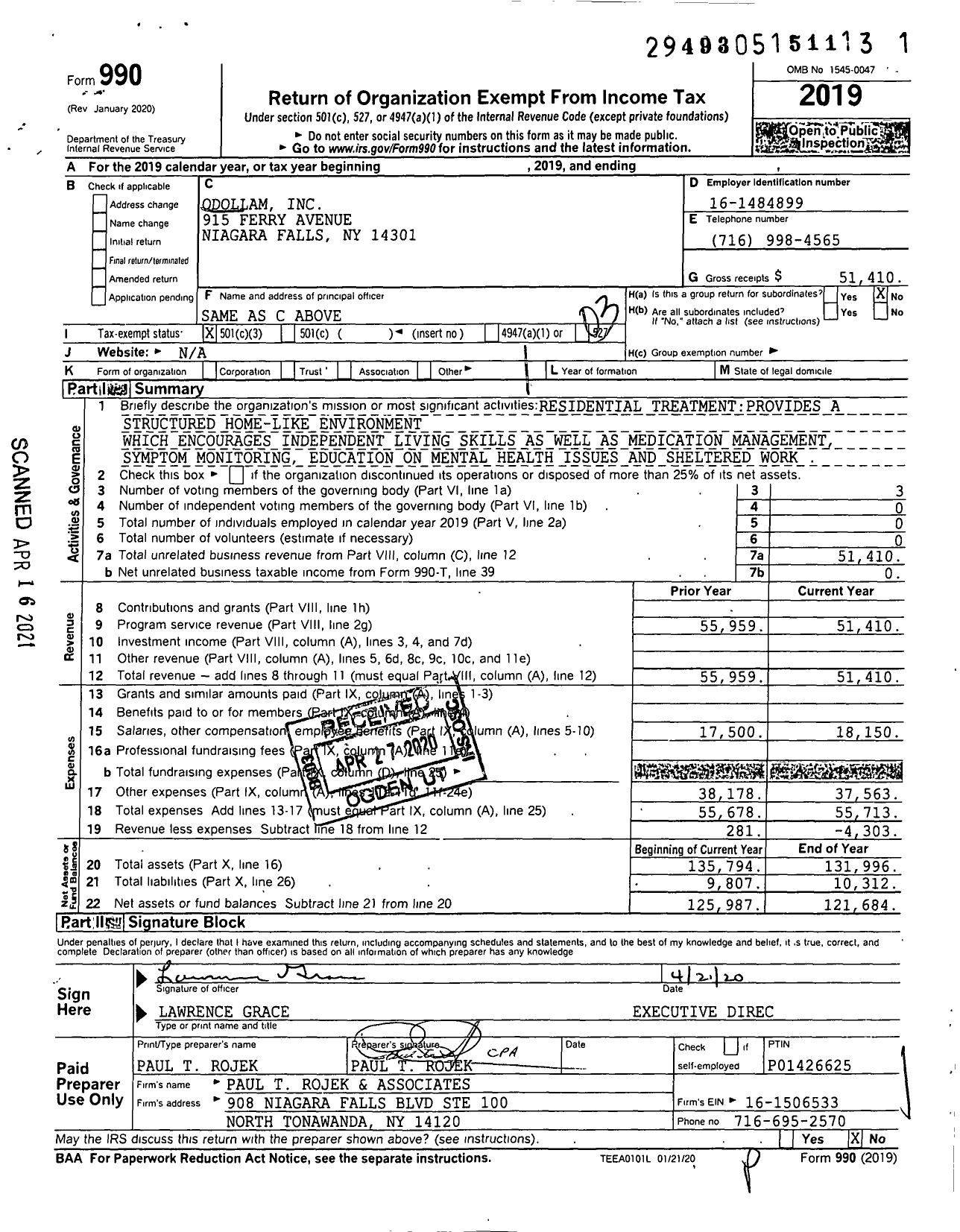 Image of first page of 2019 Form 990 for Odollam Incorporated