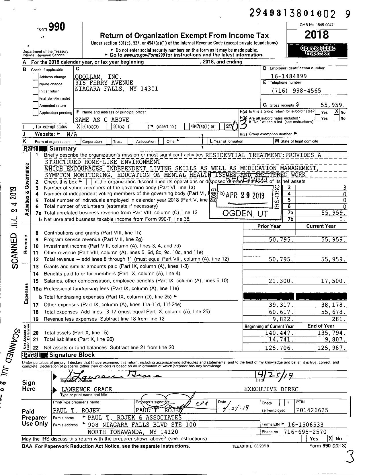 Image of first page of 2018 Form 990 for Odollam Incorporated