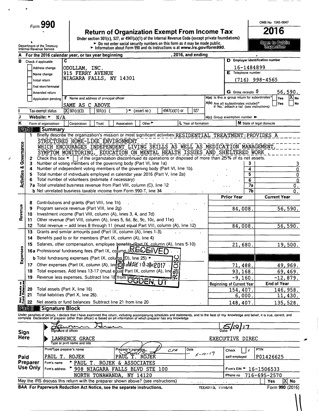 Image of first page of 2016 Form 990 for Odollam Incorporated