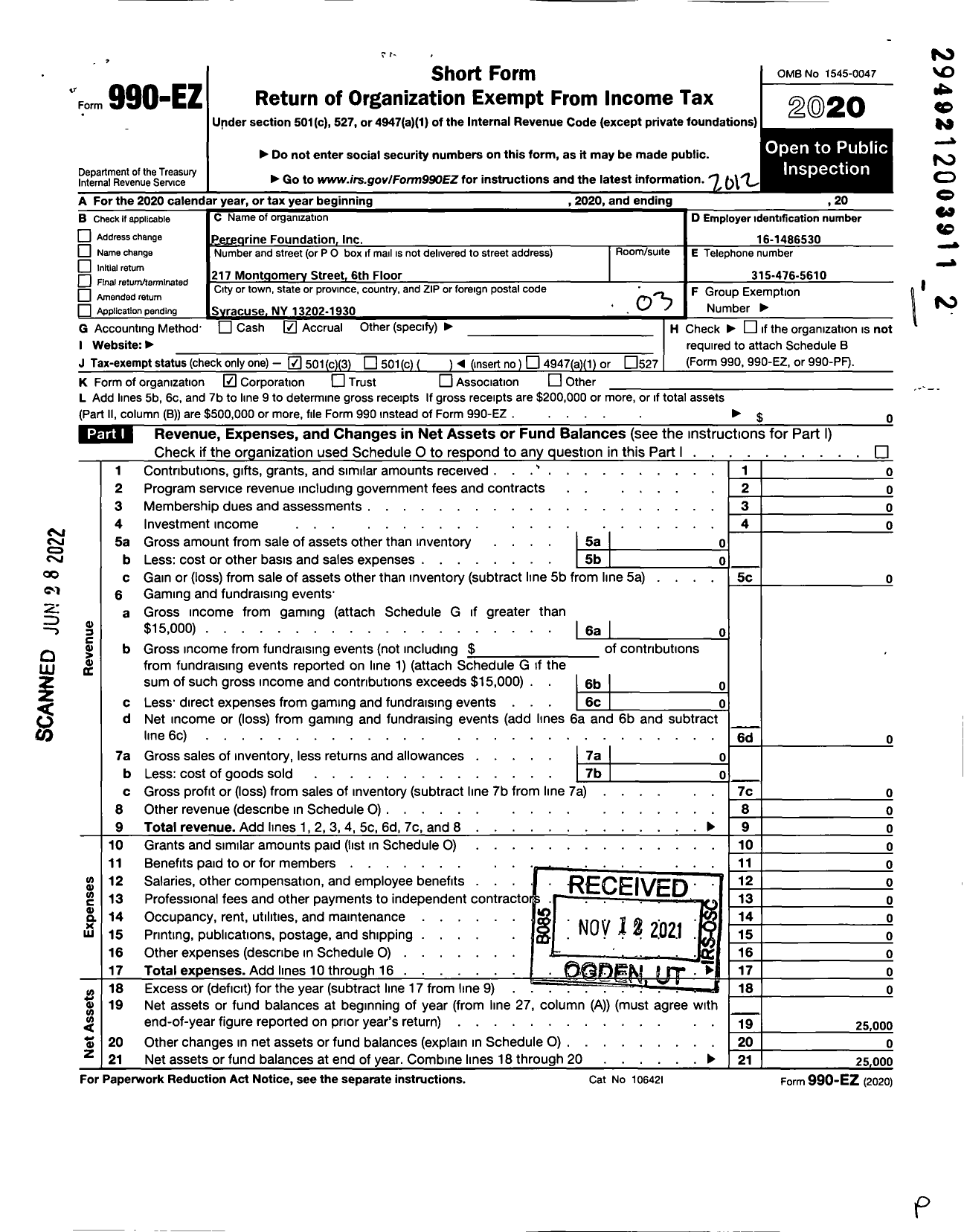 Image of first page of 2020 Form 990EZ for Peregrine Foundation