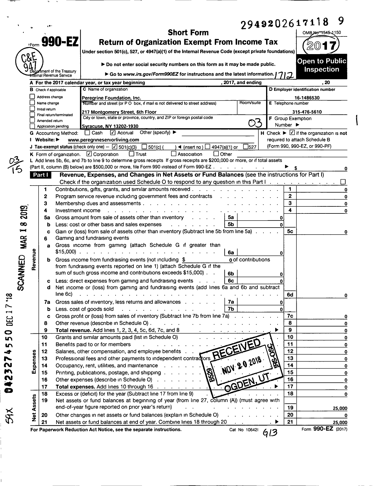 Image of first page of 2017 Form 990EZ for Peregrine Foundation