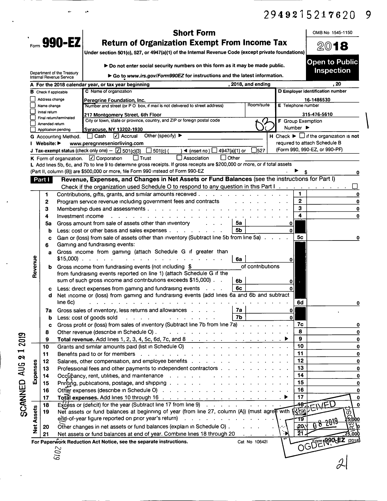 Image of first page of 2018 Form 990EZ for Peregrine Foundation