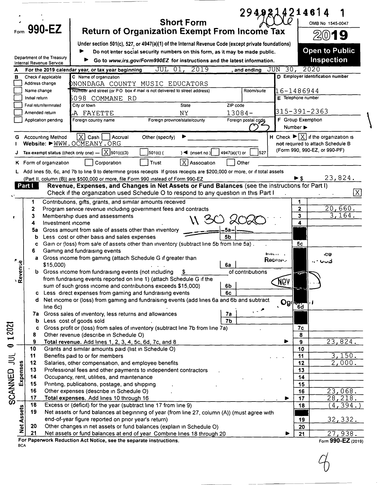 Image of first page of 2019 Form 990EZ for ONONDAGA CouNTY MUSIC EDUCATORS