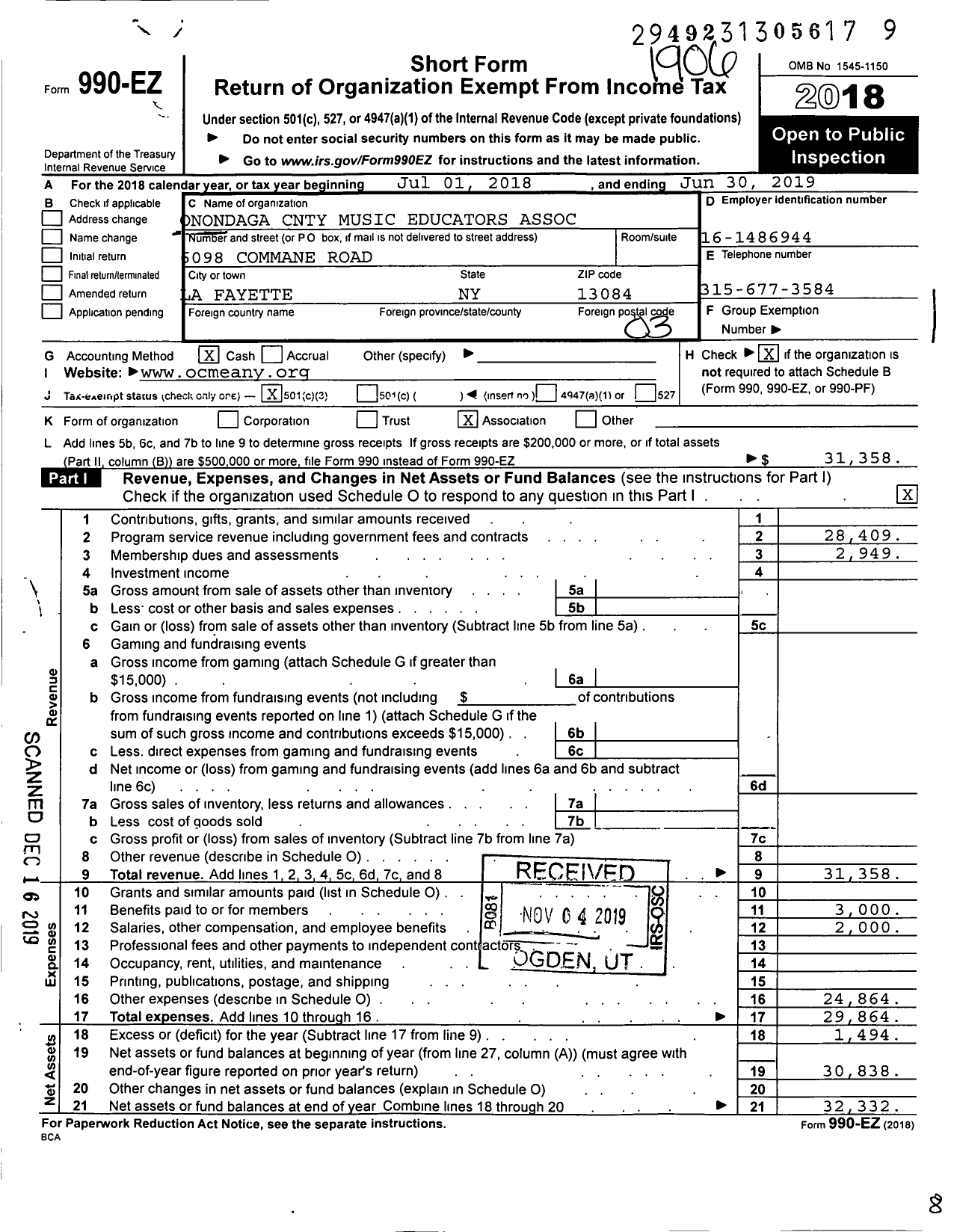 Image of first page of 2018 Form 990EZ for ONONDAGA CouNTY MUSIC EDUCATORS