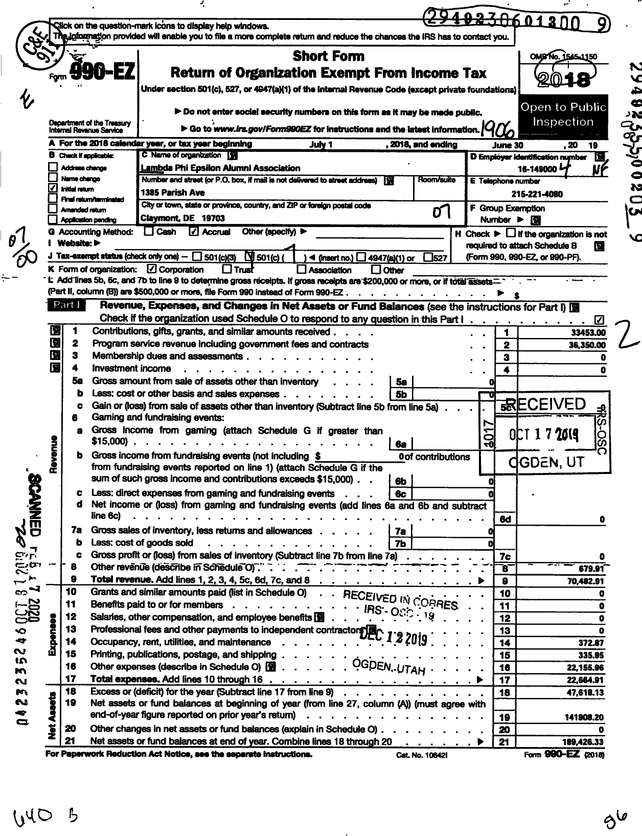 Image of first page of 2018 Form 990EO for LAMBDA PHI EPSILON ALUMNI AsSOCIATION