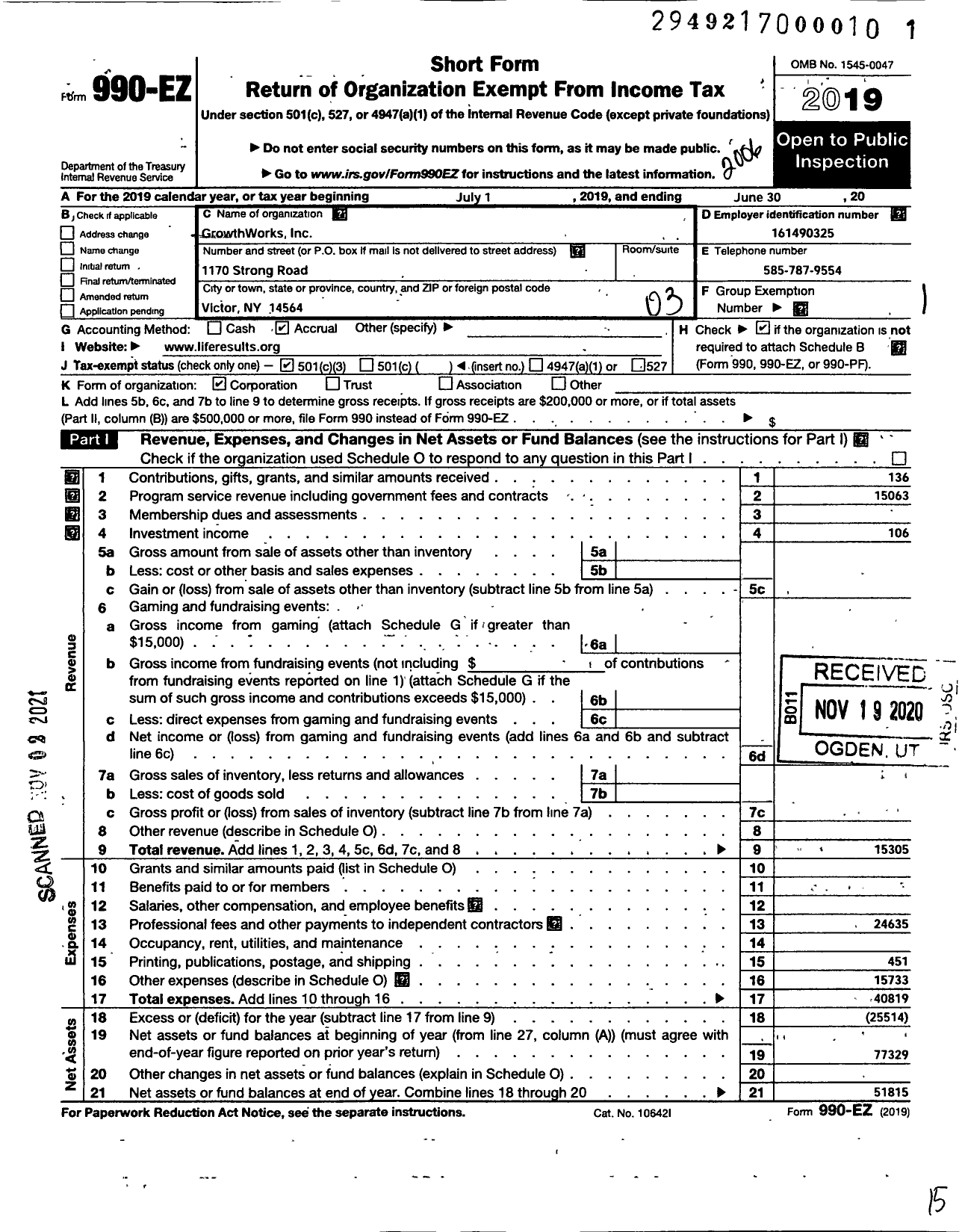 Image of first page of 2019 Form 990EZ for Growthworks