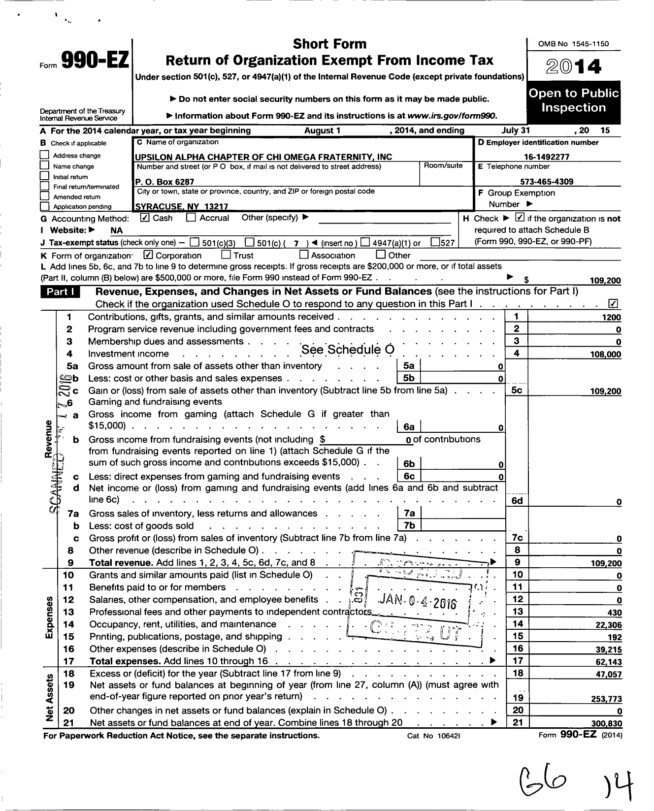 Image of first page of 2014 Form 990EO for Upsilon Alpha Alumnae of Syracuse Ny