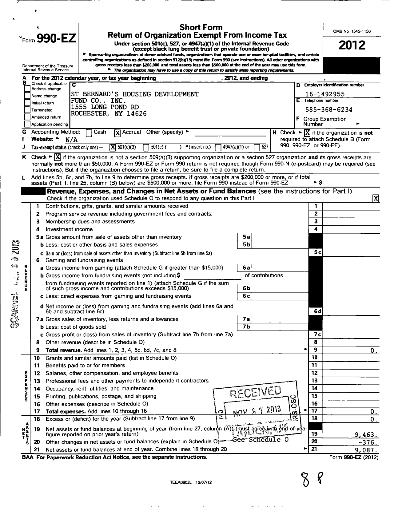 Image of first page of 2012 Form 990EZ for St Bernards Housing Development Fund