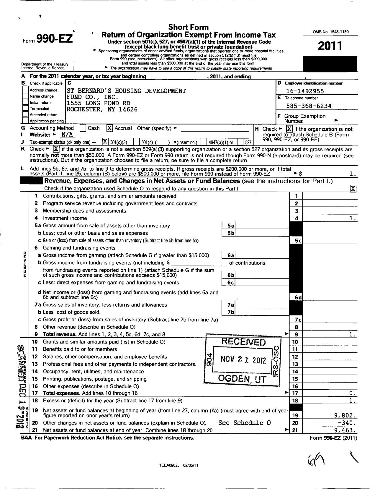 Image of first page of 2011 Form 990EZ for St Bernards Housing Development Fund