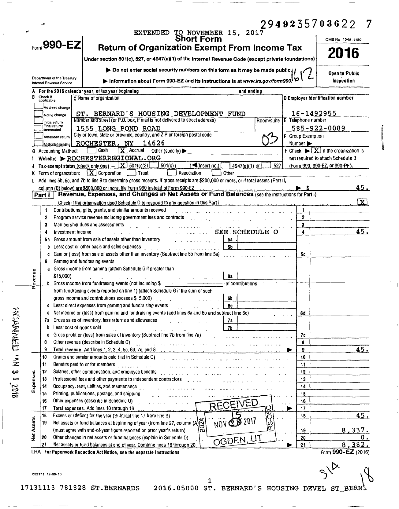 Image of first page of 2016 Form 990EZ for St Bernards Housing Development Fund