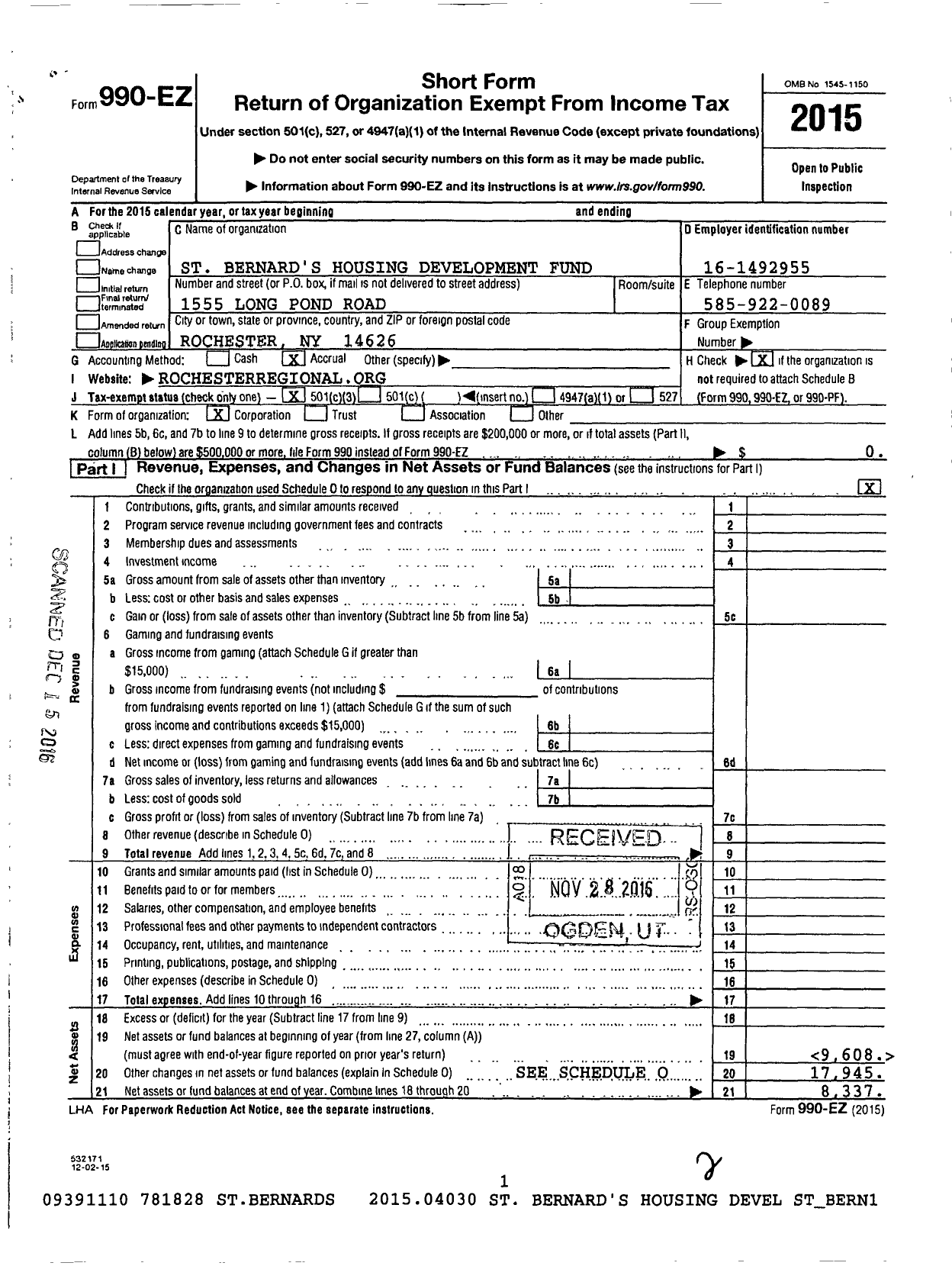 Image of first page of 2015 Form 990EZ for St Bernards Housing Development Fund