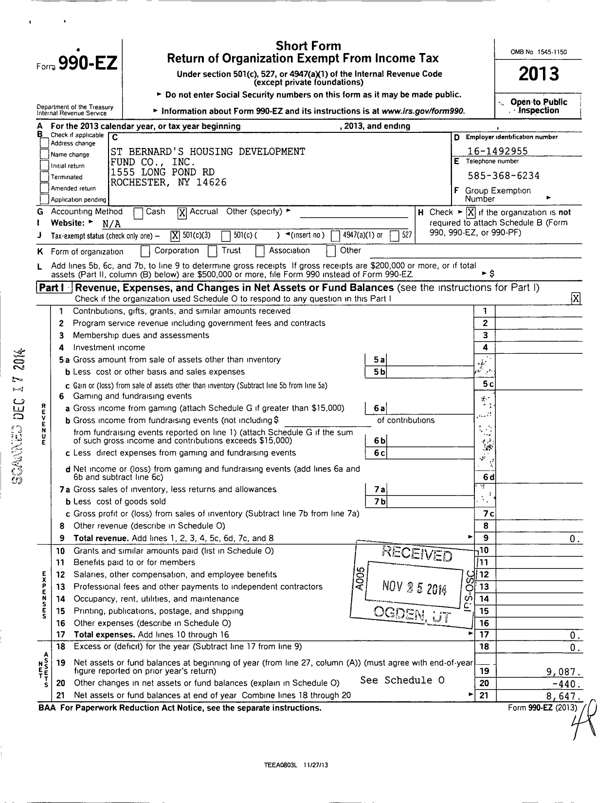 Image of first page of 2013 Form 990EZ for St Bernards Housing Development Fund